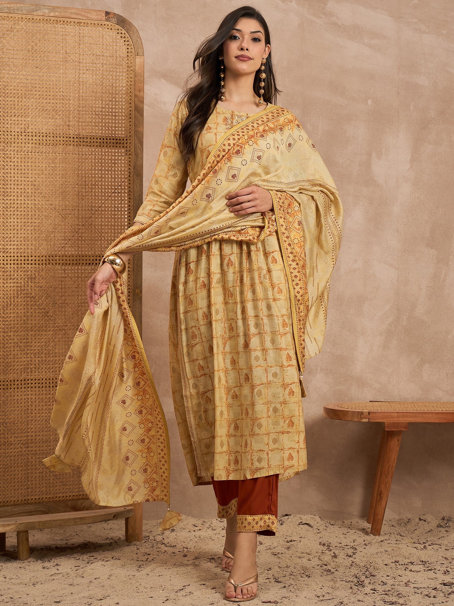 Women Mustard Raw Silk Printed High Slit Kurti Set With Trousers & Dupatta