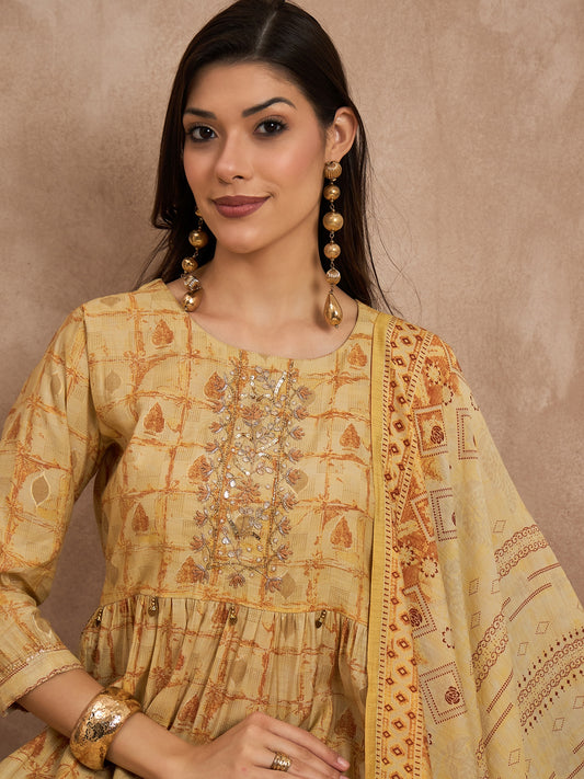 Women Mustard Raw Silk Printed High Slit Kurti Set With Trousers & Dupatta