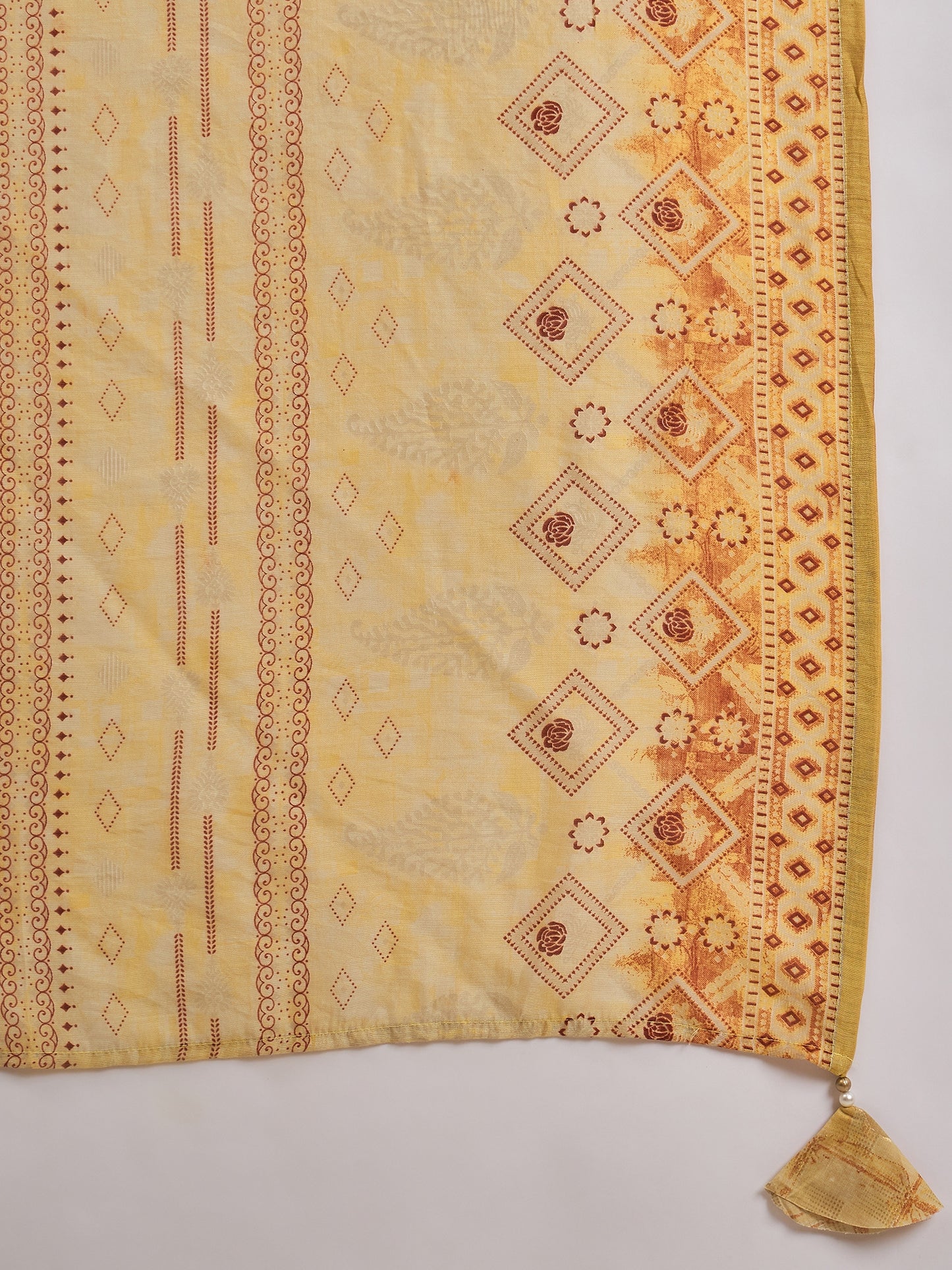 Women Mustard Raw Silk Printed High Slit Kurti Set With Trousers & Dupatta
