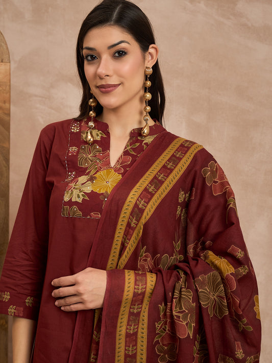 Women Floral Yoke Design Sequinned Pure Cotton Kurta with Trousers & Dupatta