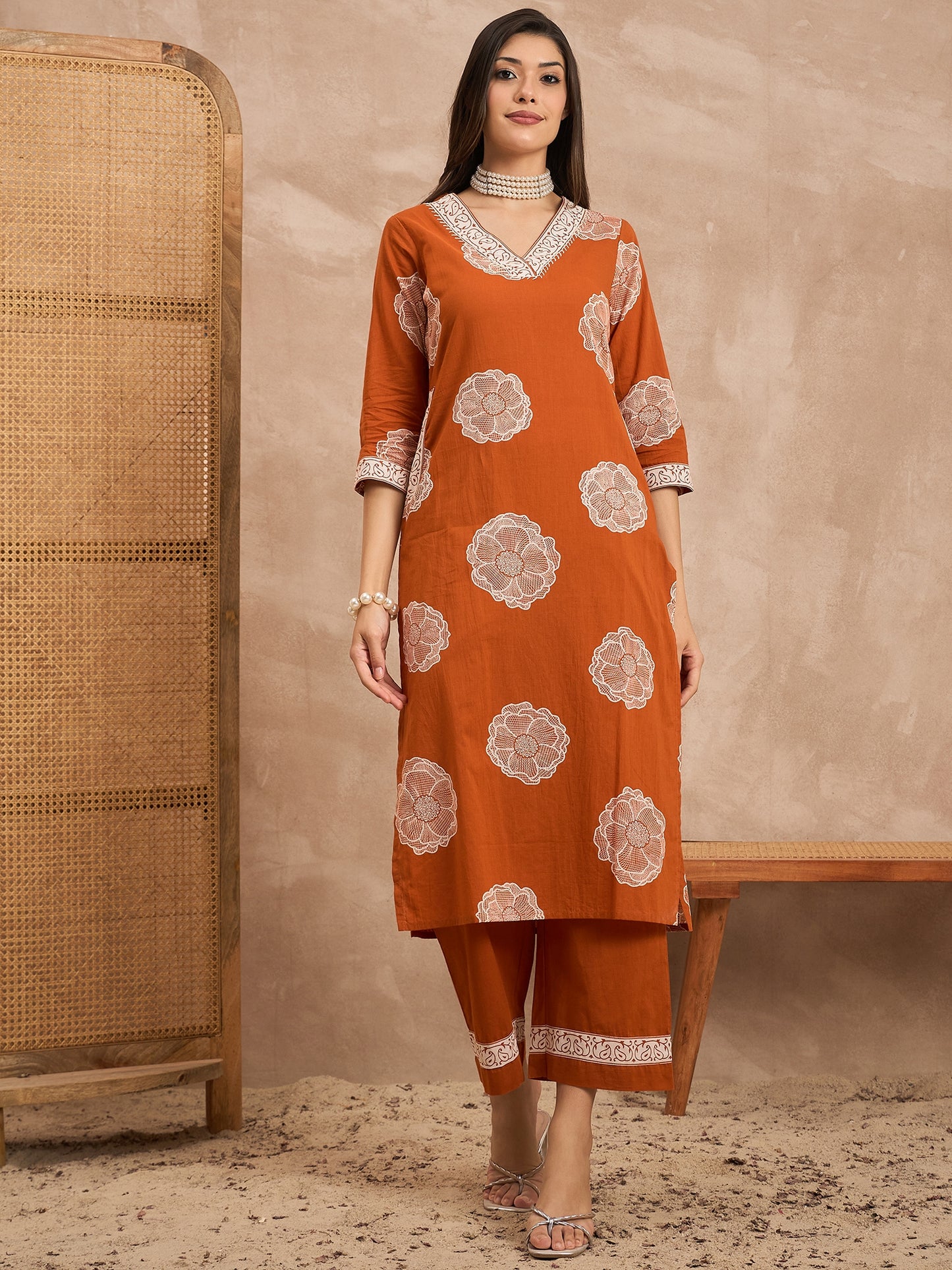 Floral Printed V-Neck Sequinned Pure Cotton Kurta With Trousers & Dupatta