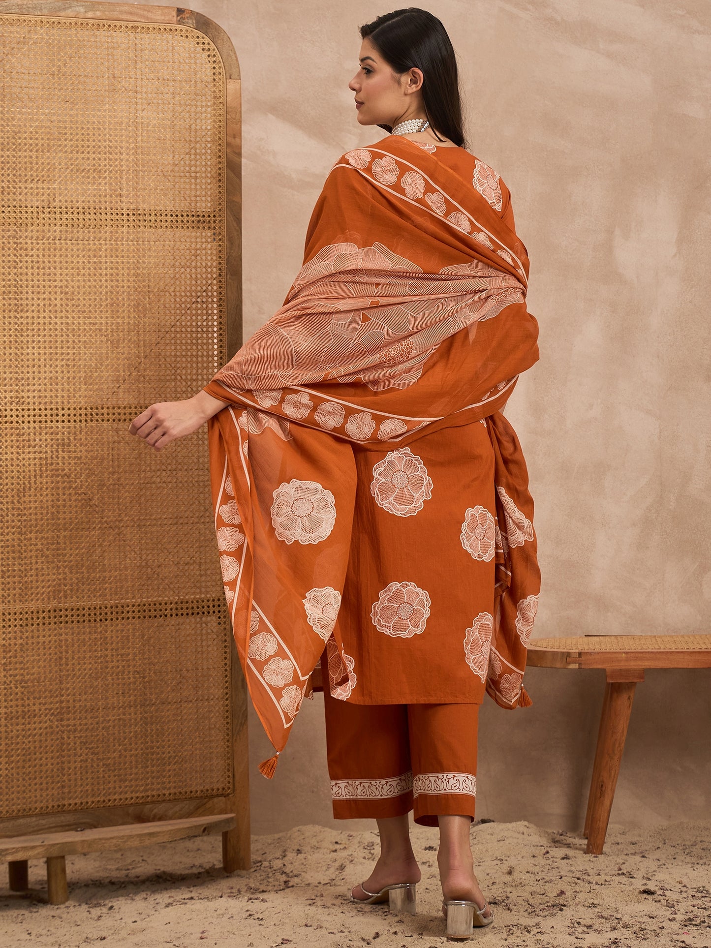 Floral Printed V-Neck Sequinned Pure Cotton Kurta With Trousers & Dupatta