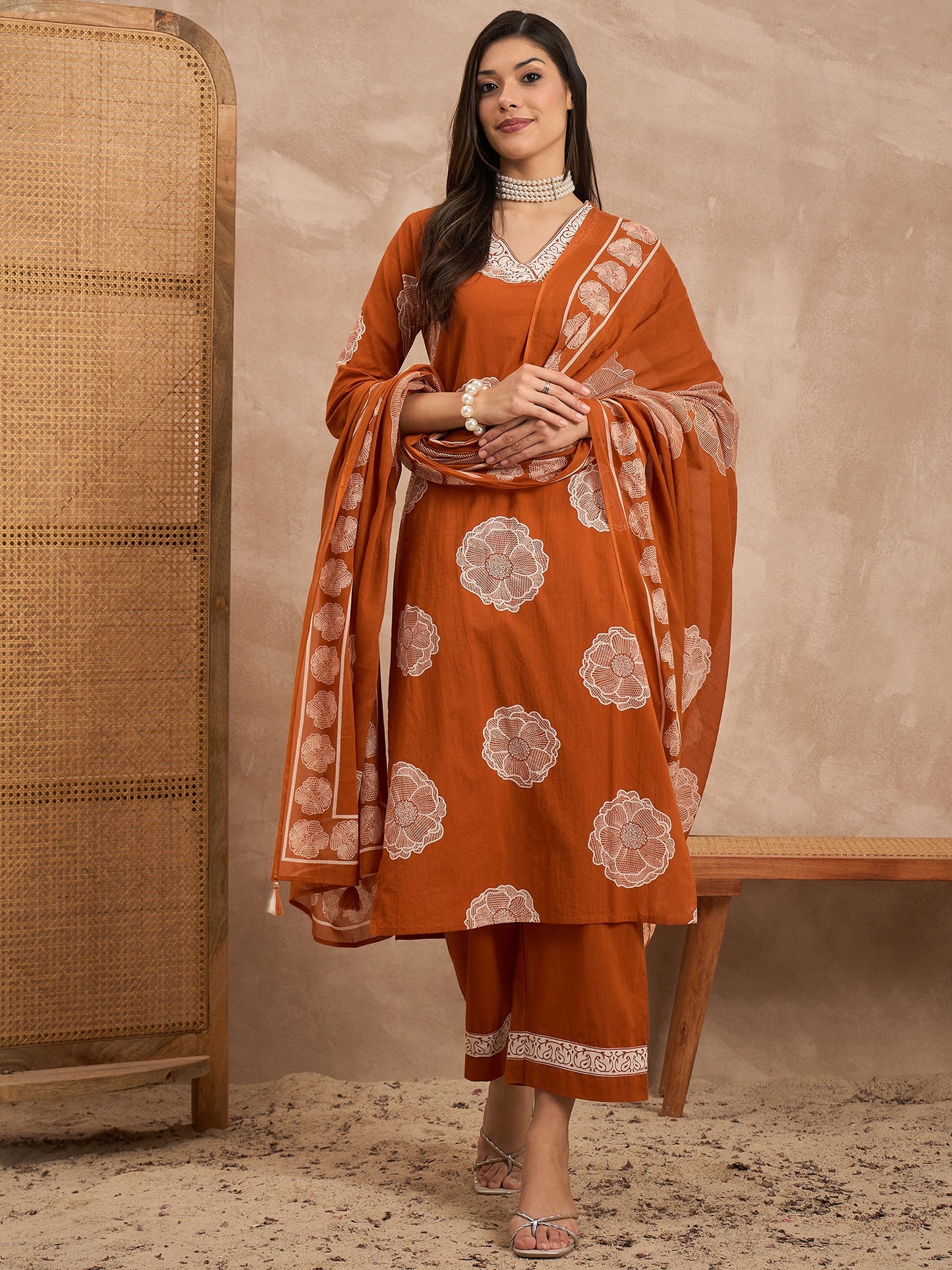 Floral Printed V-Neck Sequinned Pure Cotton Kurta With Trousers & Dupatta