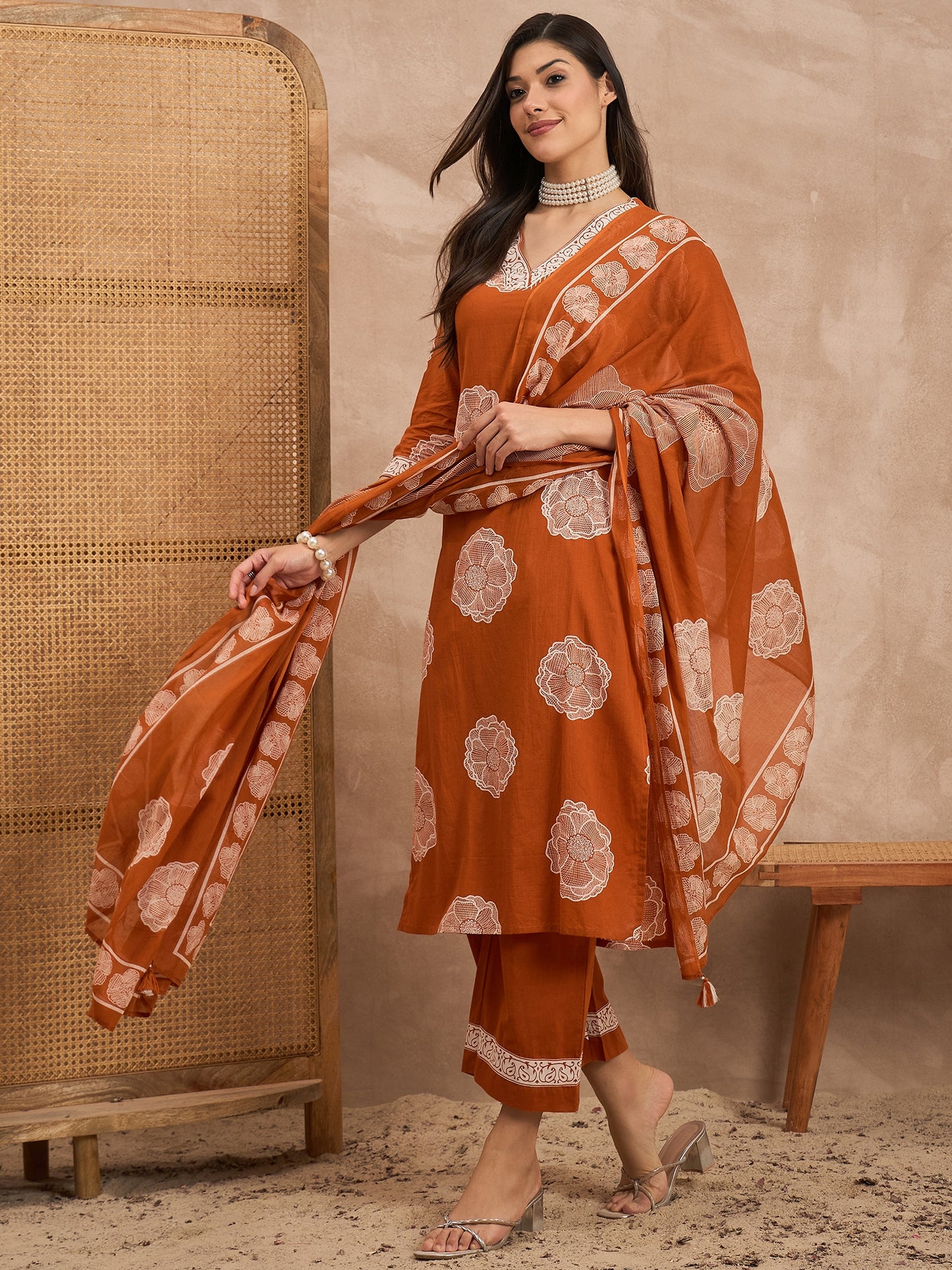 Floral Printed V-Neck Sequinned Pure Cotton Kurta With Trousers & Dupatta
