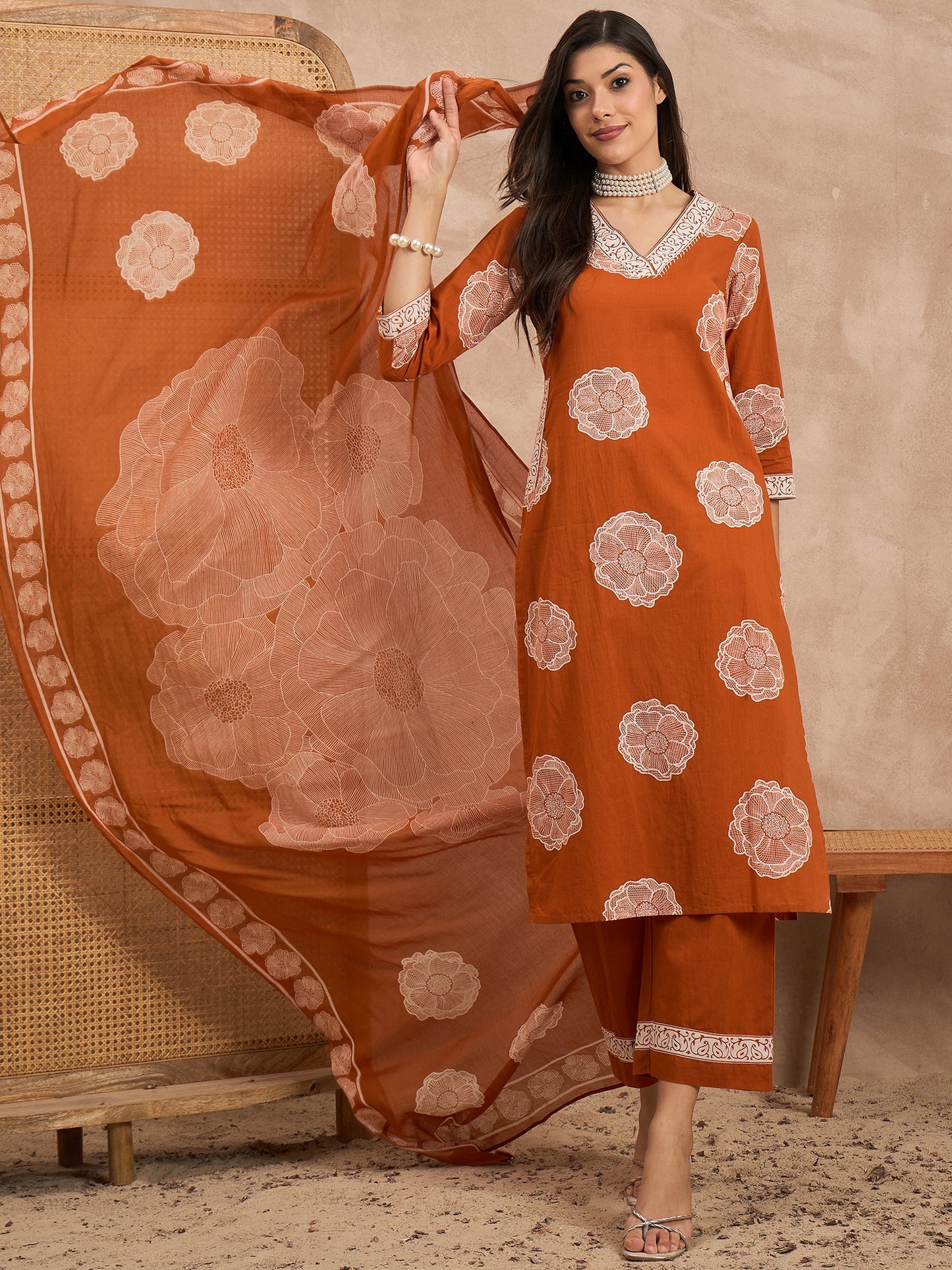 Floral Printed V-Neck Sequinned Pure Cotton Kurta With Trousers & Dupatta