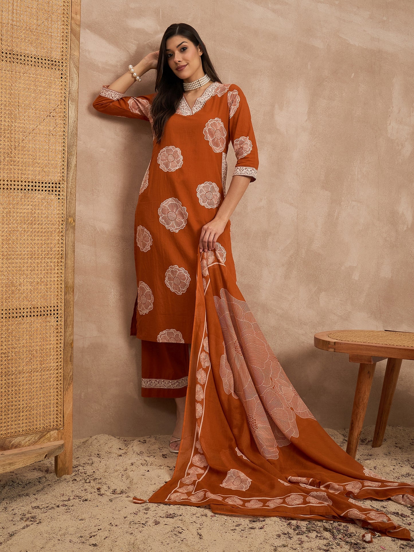 Floral Printed V-Neck Sequinned Pure Cotton Kurta With Trousers & Dupatta