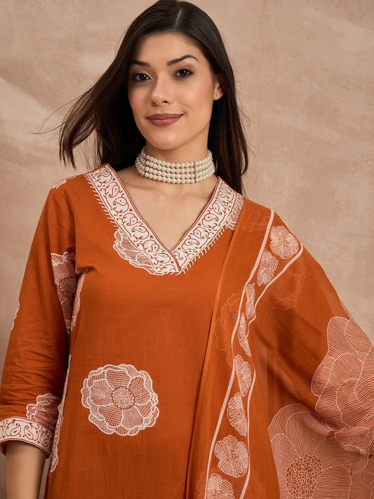 Floral Printed V-Neck Sequinned Pure Cotton Kurta With Trousers & Dupatta