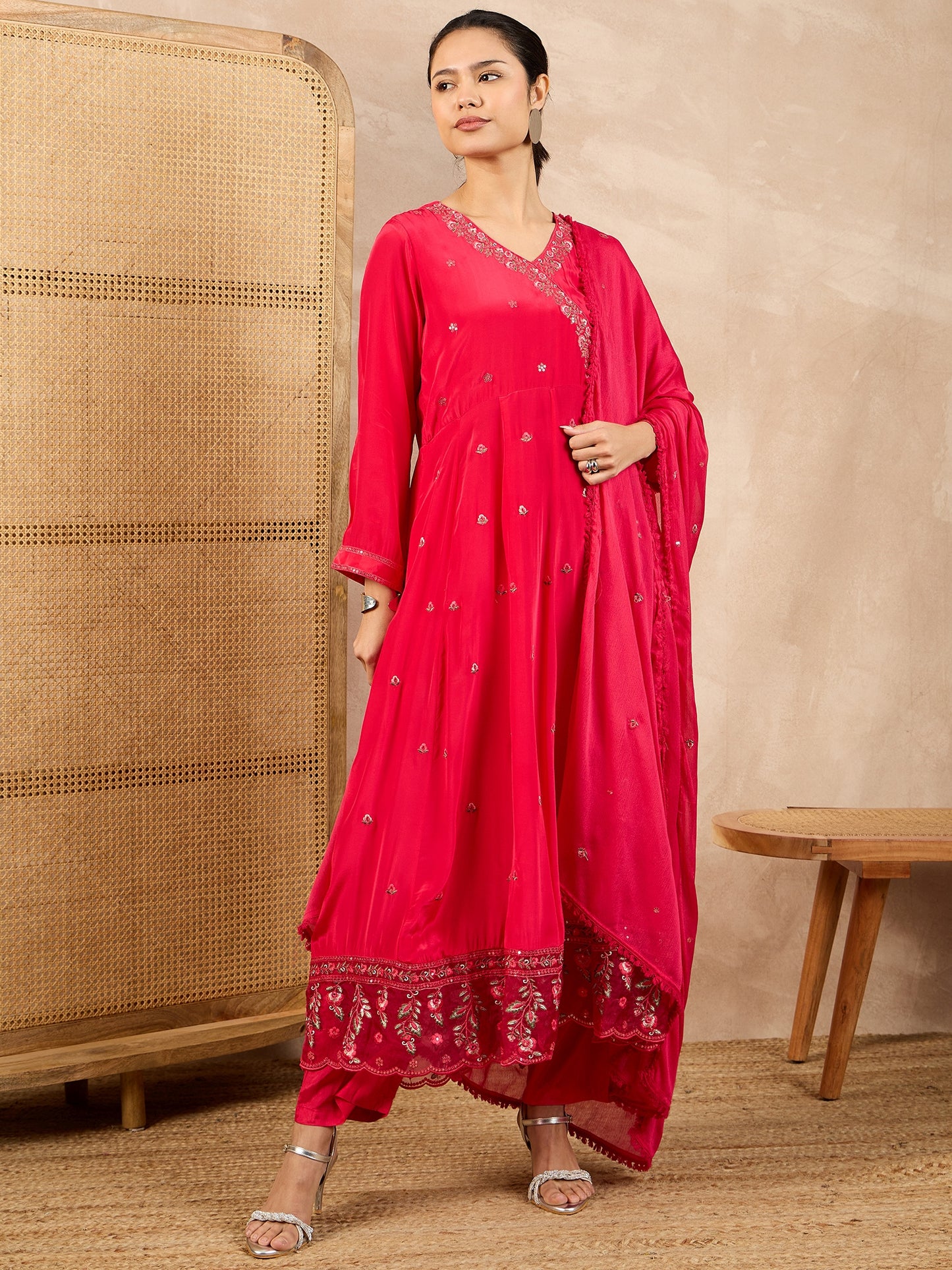 Women Floral Embroidered Angrakha Beads and Stones Silk Crepe Kurta with Trousers & With Dupatta