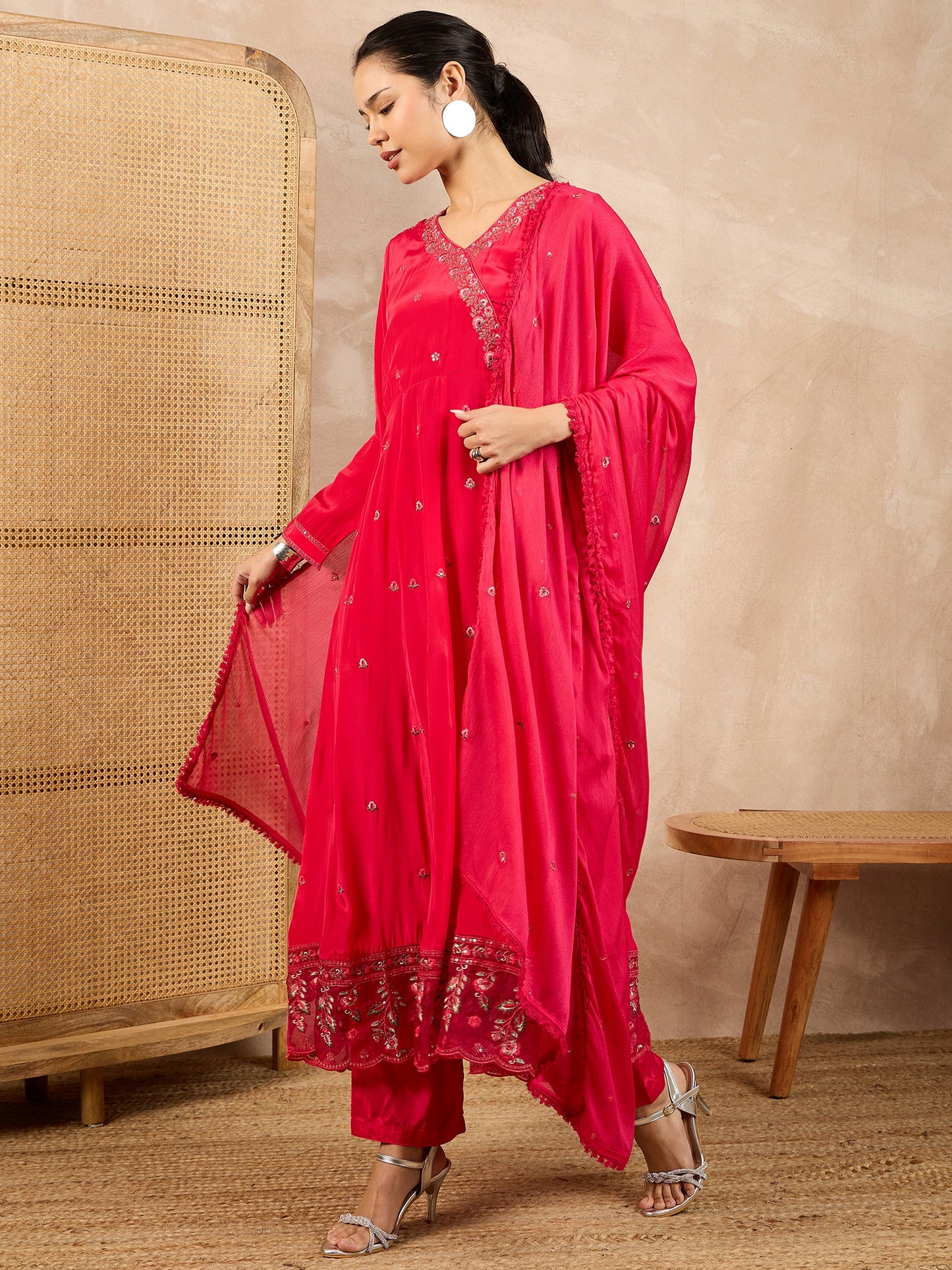 Women Floral Embroidered Angrakha Beads and Stones Silk Crepe Kurta with Trousers & With Dupatta