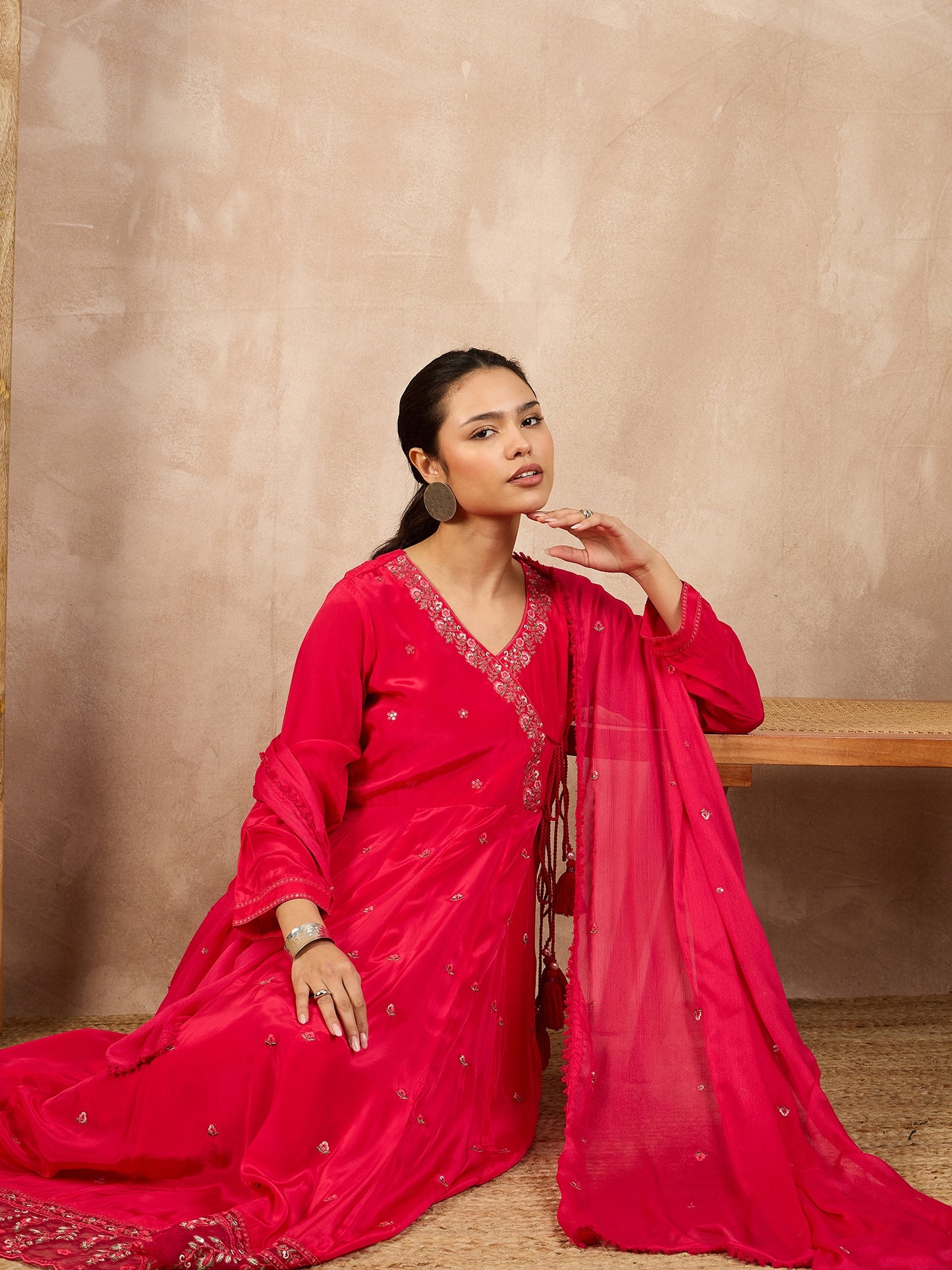Women Floral Embroidered Angrakha Beads and Stones Silk Crepe Kurta with Trousers & With Dupatta
