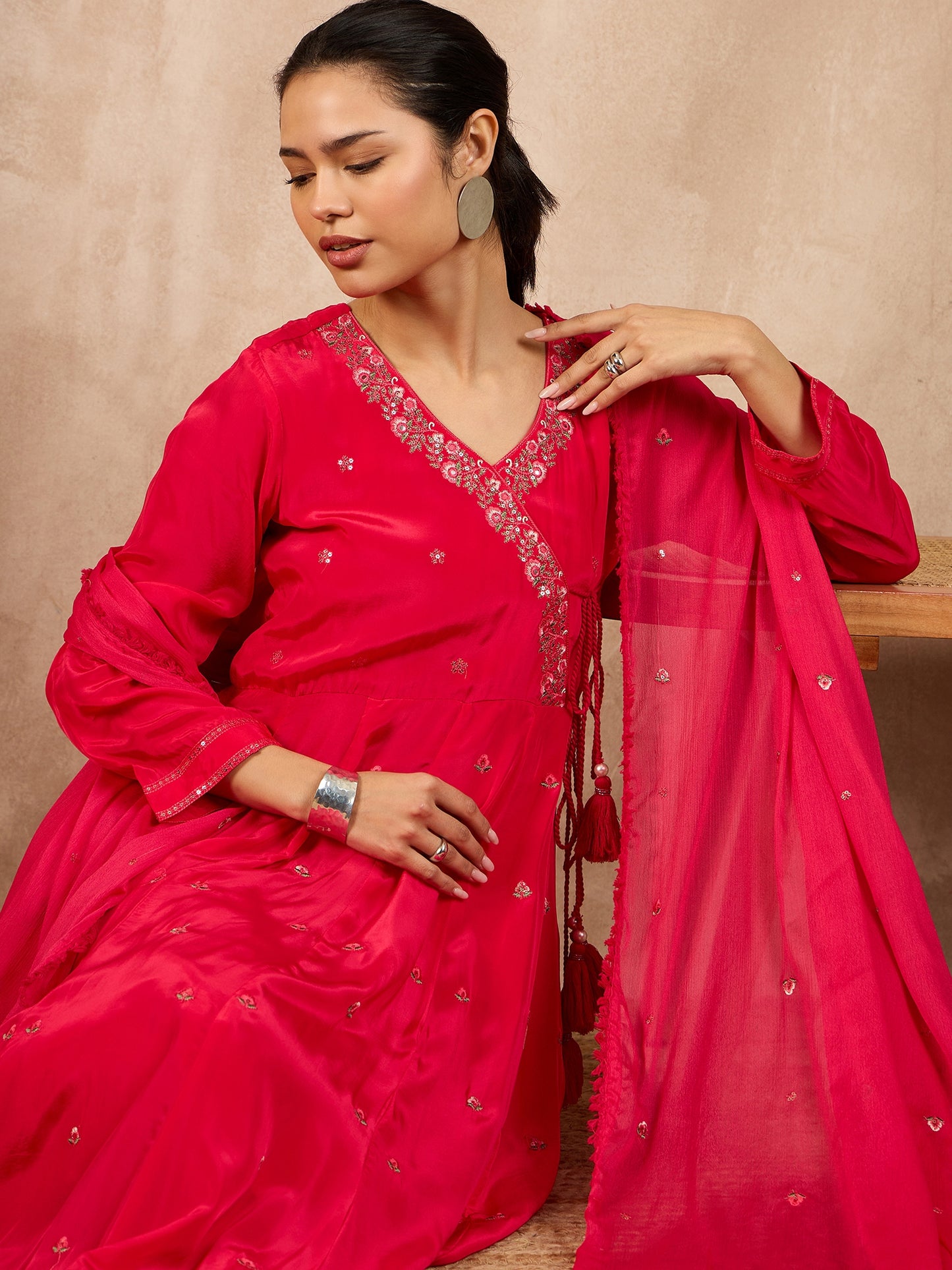 Women Floral Embroidered Angrakha Beads and Stones Silk Crepe Kurta with Trousers & With Dupatta