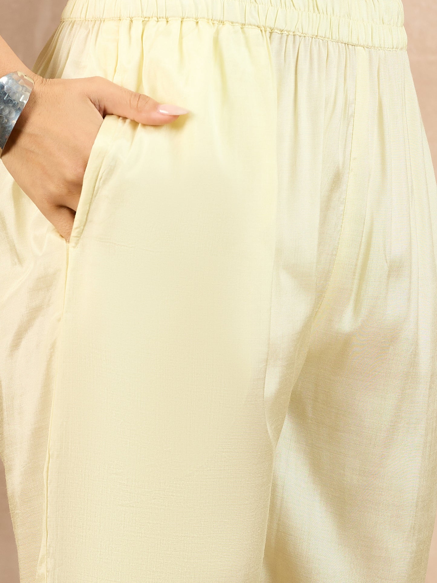 Women Floral Embroidered Empire Beads and Stones Silk Crepe Kurta with Trousers & With Dupatta