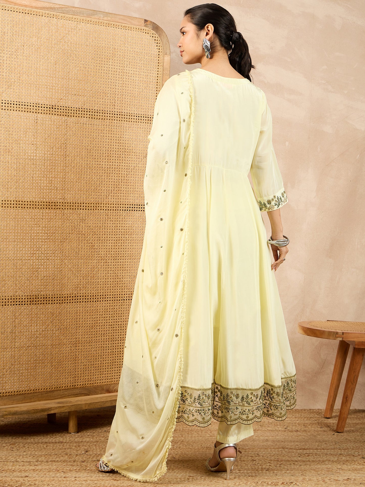 Women Floral Embroidered Empire Beads and Stones Silk Crepe Kurta with Trousers & With Dupatta