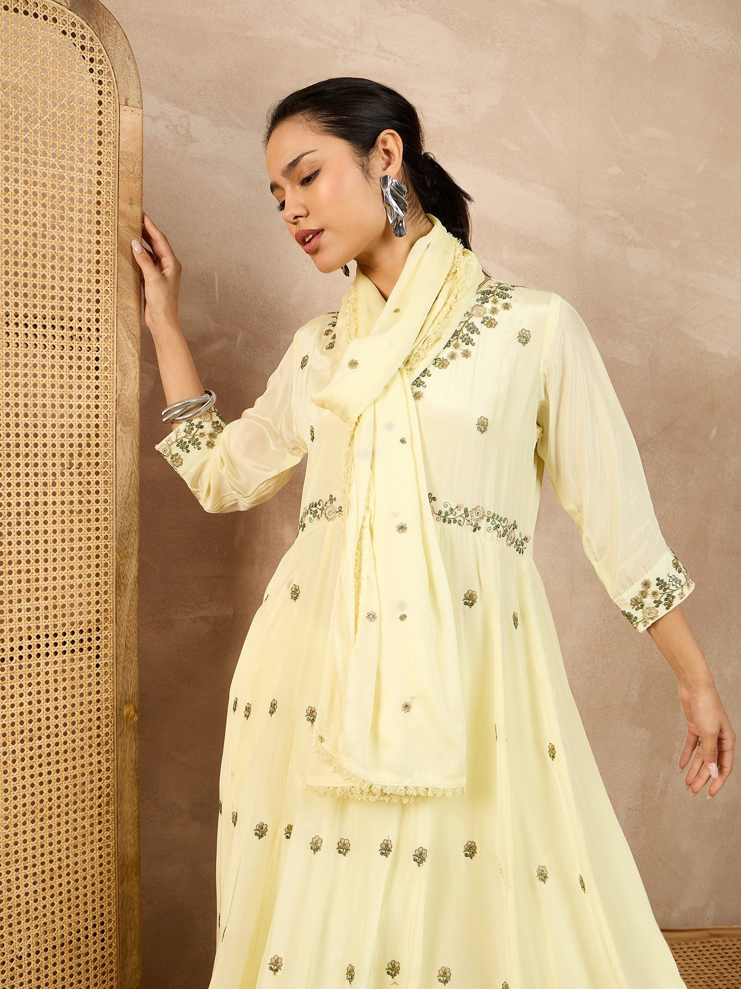 Women Floral Embroidered Empire Beads and Stones Silk Crepe Kurta with Trousers & With Dupatta