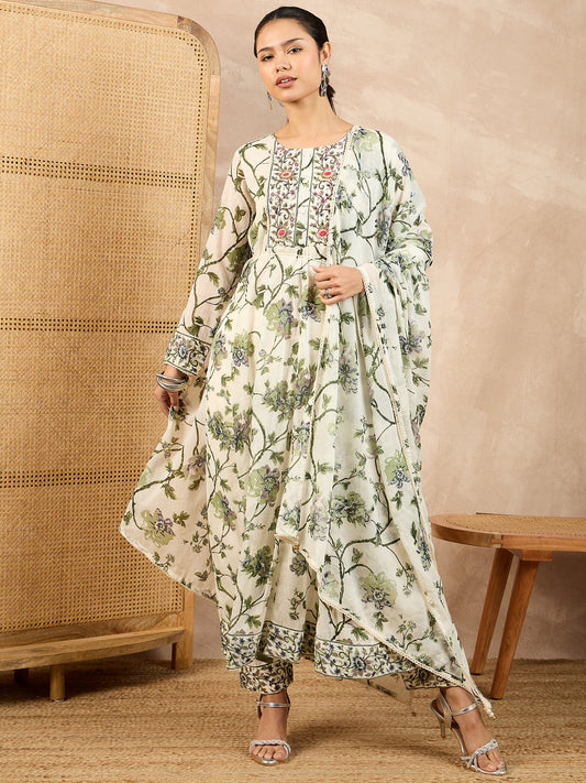 Floral Printed Pleated Thread Work A-Line Kurta With Trouser And Dupatta