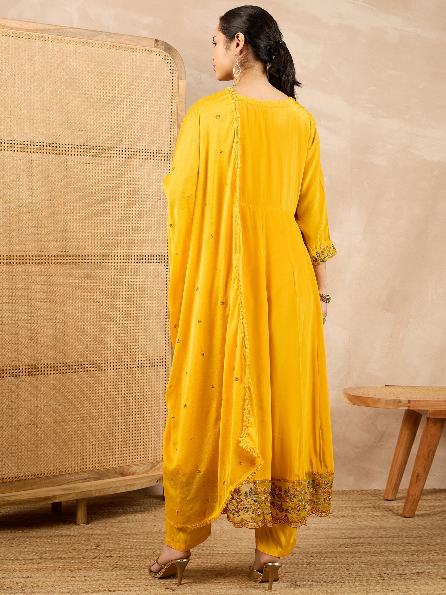 Women Floral Embroidered Empire Beads and Stones Silk Crepe Kurta with Trousers & With Dupatta