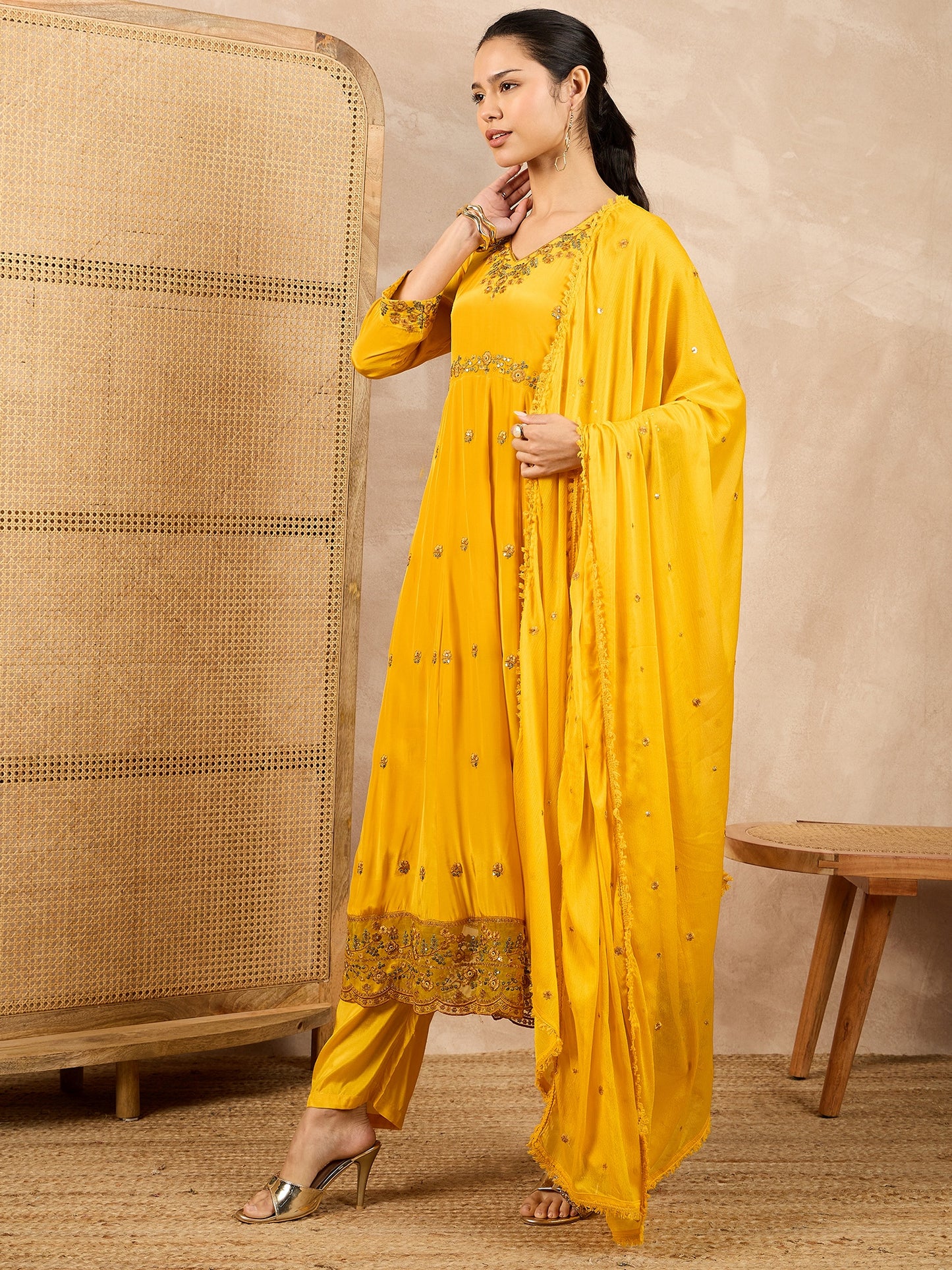 Women Floral Embroidered Empire Beads and Stones Silk Crepe Kurta with Trousers & With Dupatta