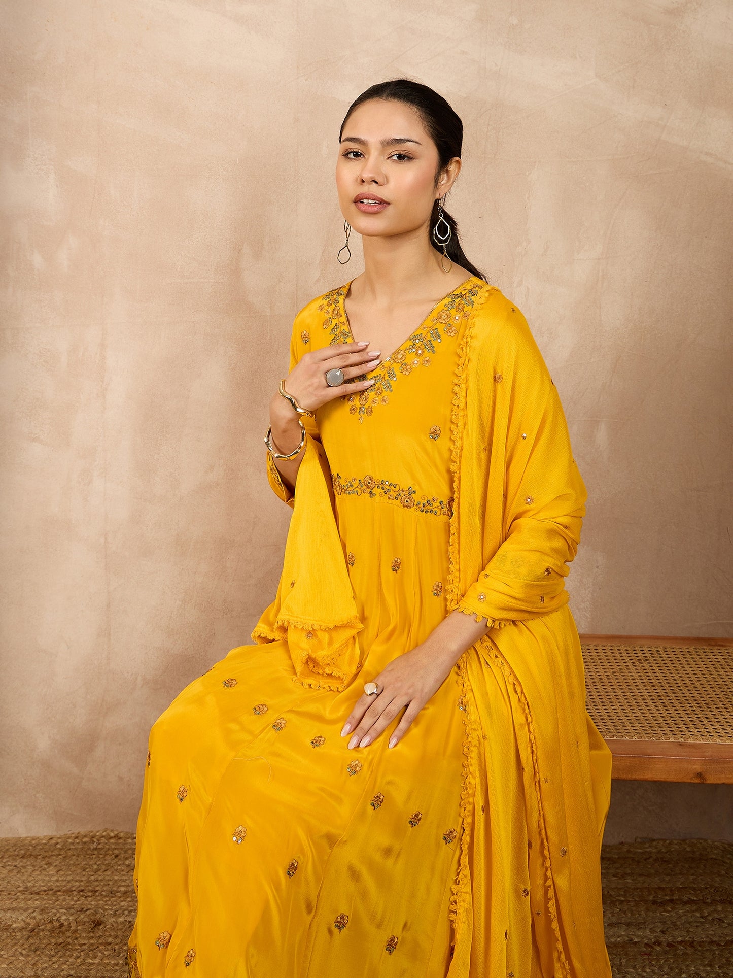 Women Floral Embroidered Empire Beads and Stones Silk Crepe Kurta with Trousers & With Dupatta