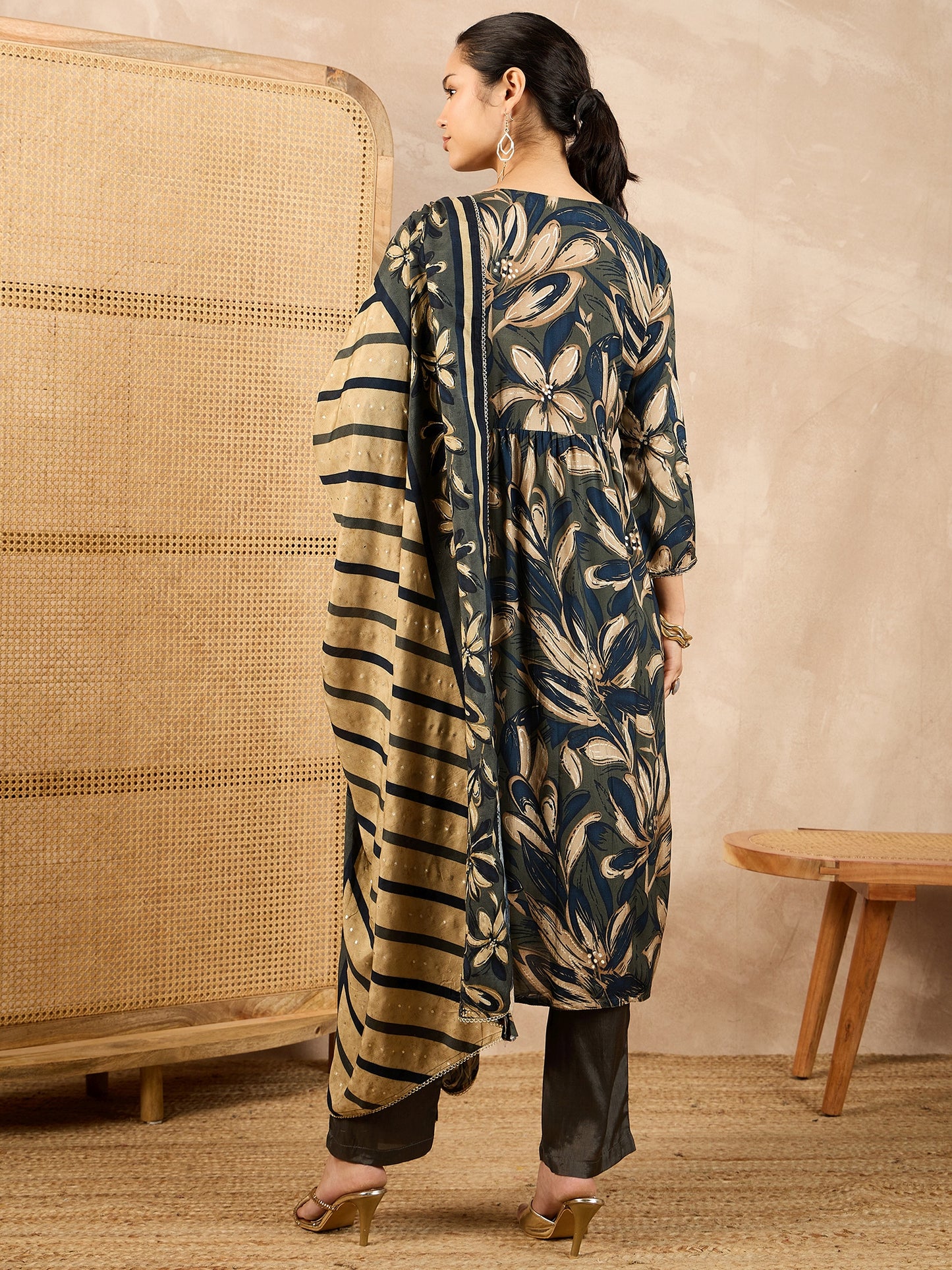 Women Floral Embroidered High Slit Beads and Stones Raw Silk Kurta with Trousers & With Dupatta