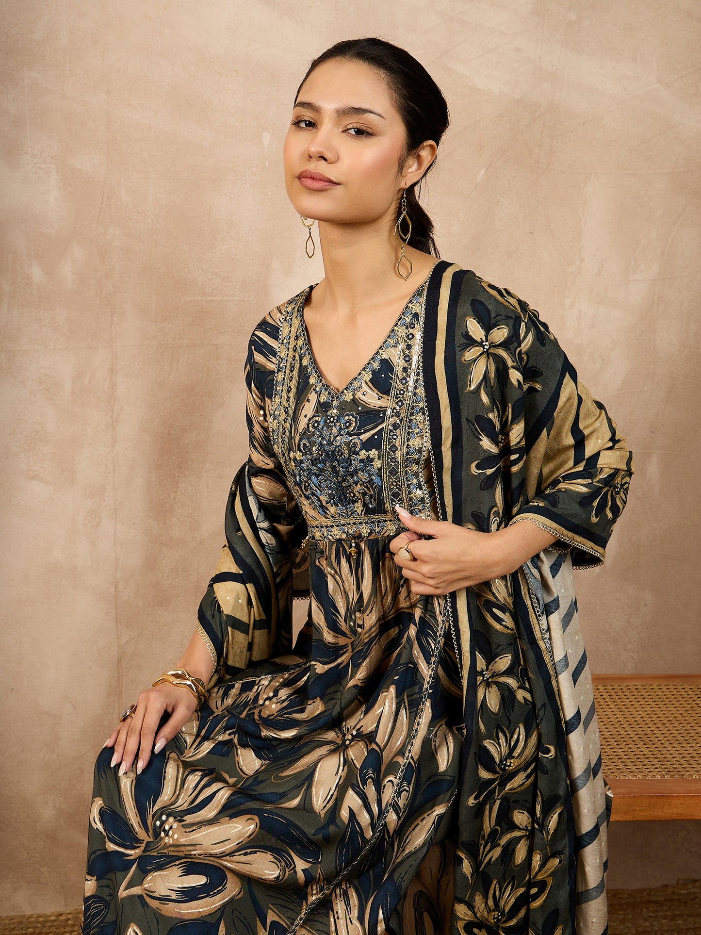 Women Floral Embroidered High Slit Beads and Stones Raw Silk Kurta with Trousers & With Dupatta