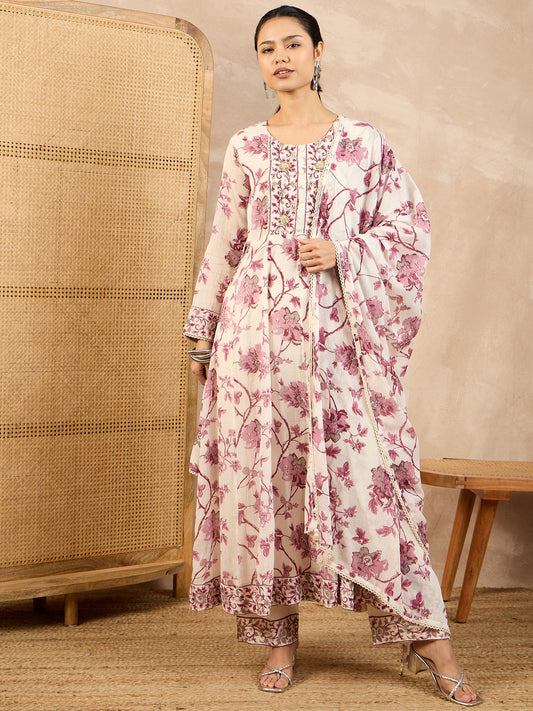 Floral Printed Pleated Thread Work Anarkali Kurta With Trouser And Dupatta