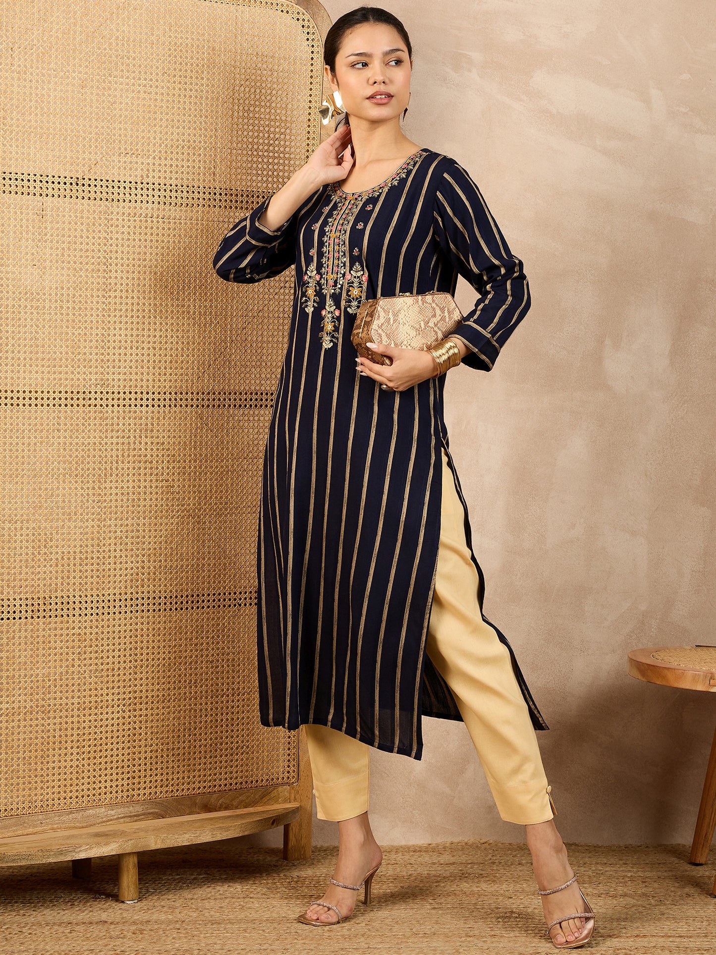 Striped V-Neck Thread Work Straight Kurta