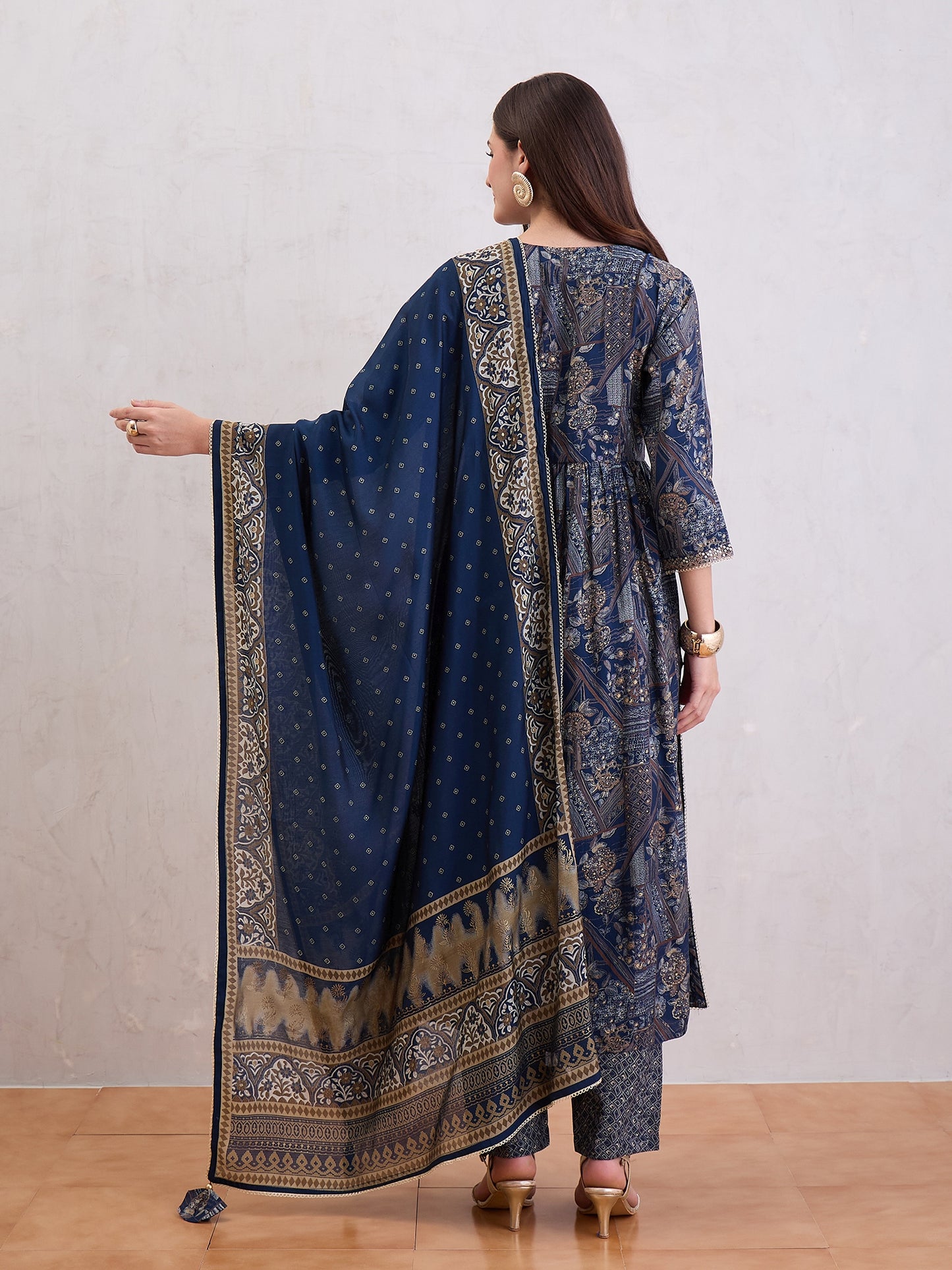 Floral Printed Pleated Mirror Work Chanderi Silk Kurta With Trousers & Dupatta