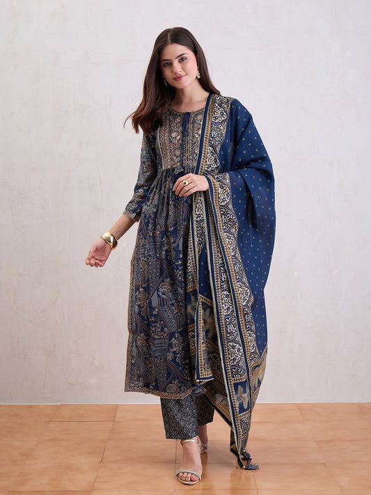 Floral Printed Pleated Mirror Work Chanderi Silk Kurta With Trousers & Dupatta