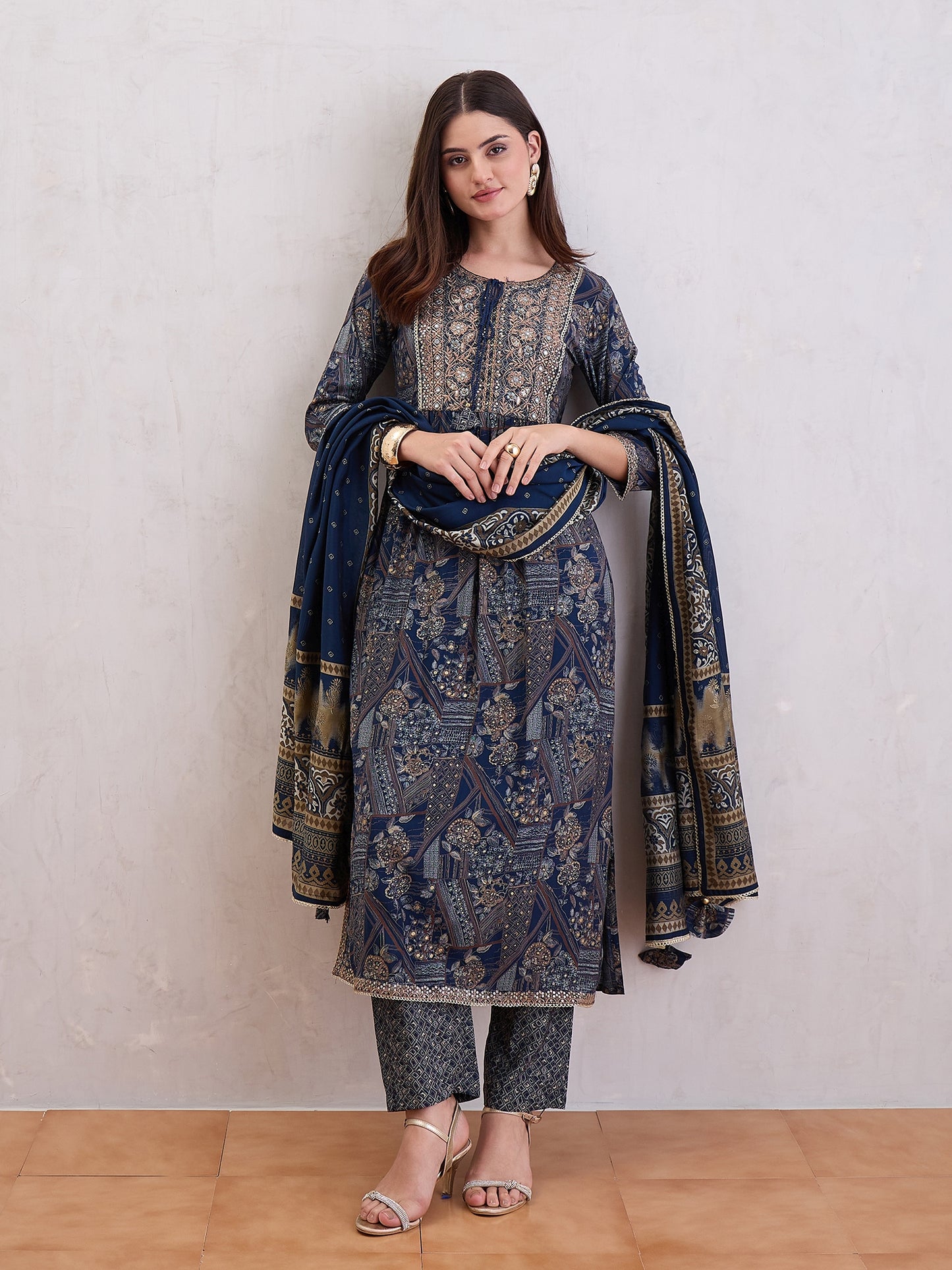 Floral Printed Pleated Mirror Work Chanderi Silk Kurta With Trousers & Dupatta