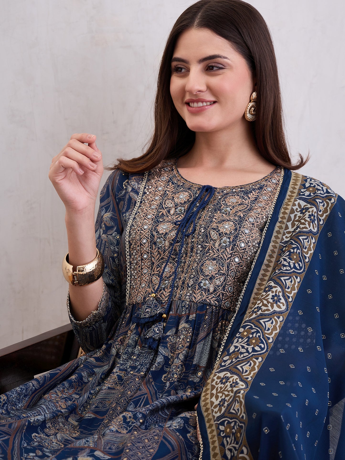 Floral Printed Pleated Mirror Work Chanderi Silk Kurta With Trousers & Dupatta