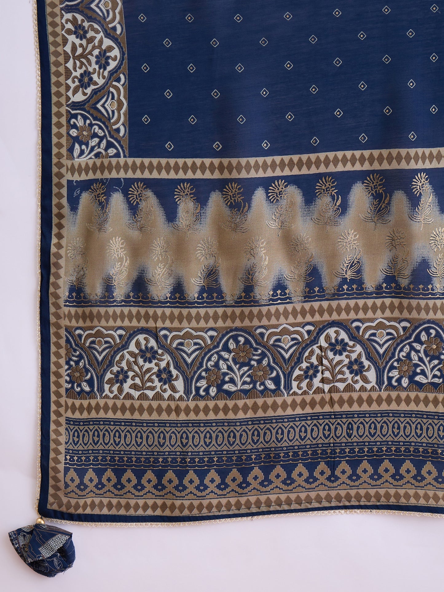 Floral Printed Pleated Mirror Work Chanderi Silk Kurta With Trousers & Dupatta