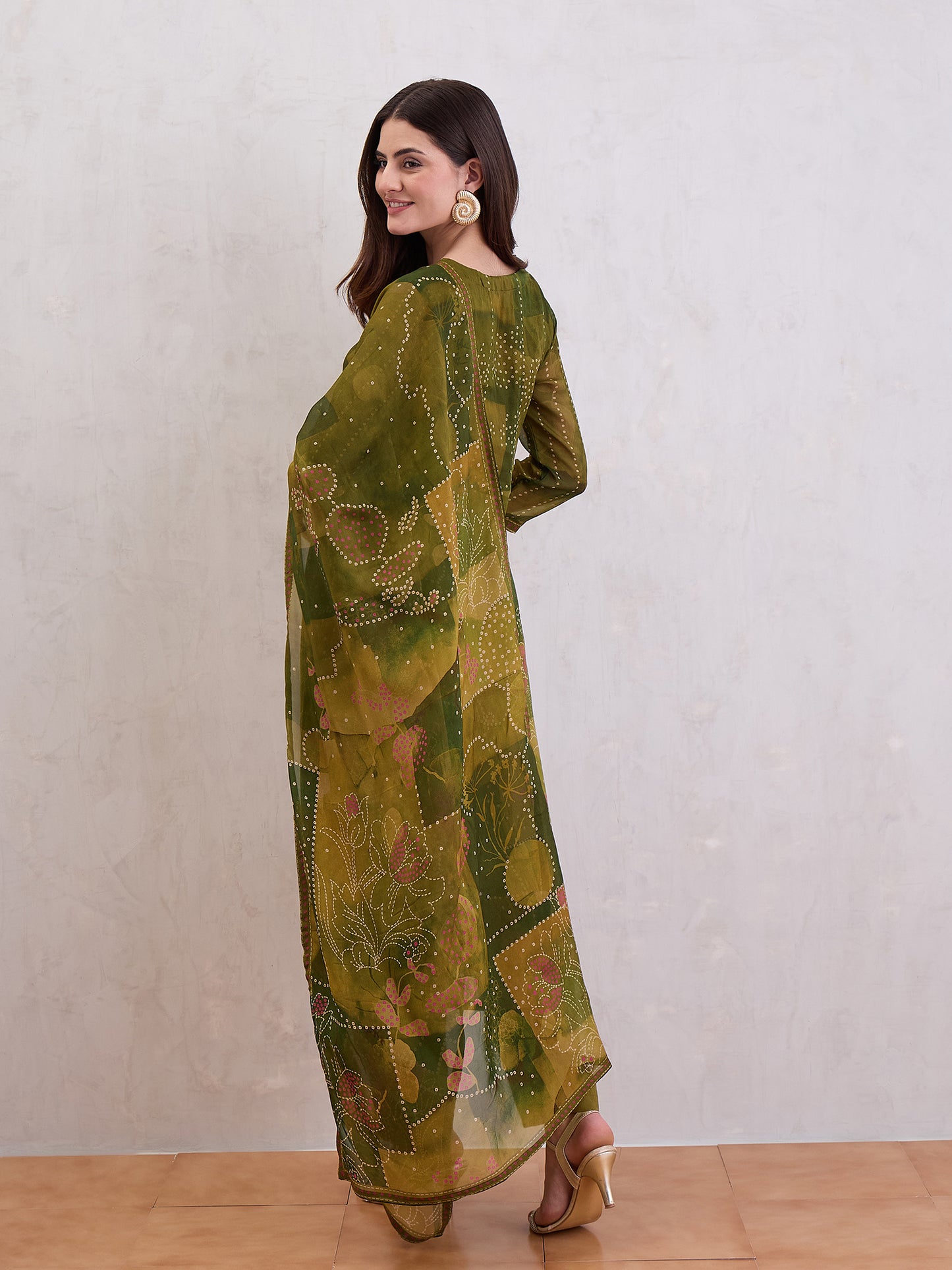 Floral Printed Sequinned Organza Straight Kurta With Trousers & Dupatta