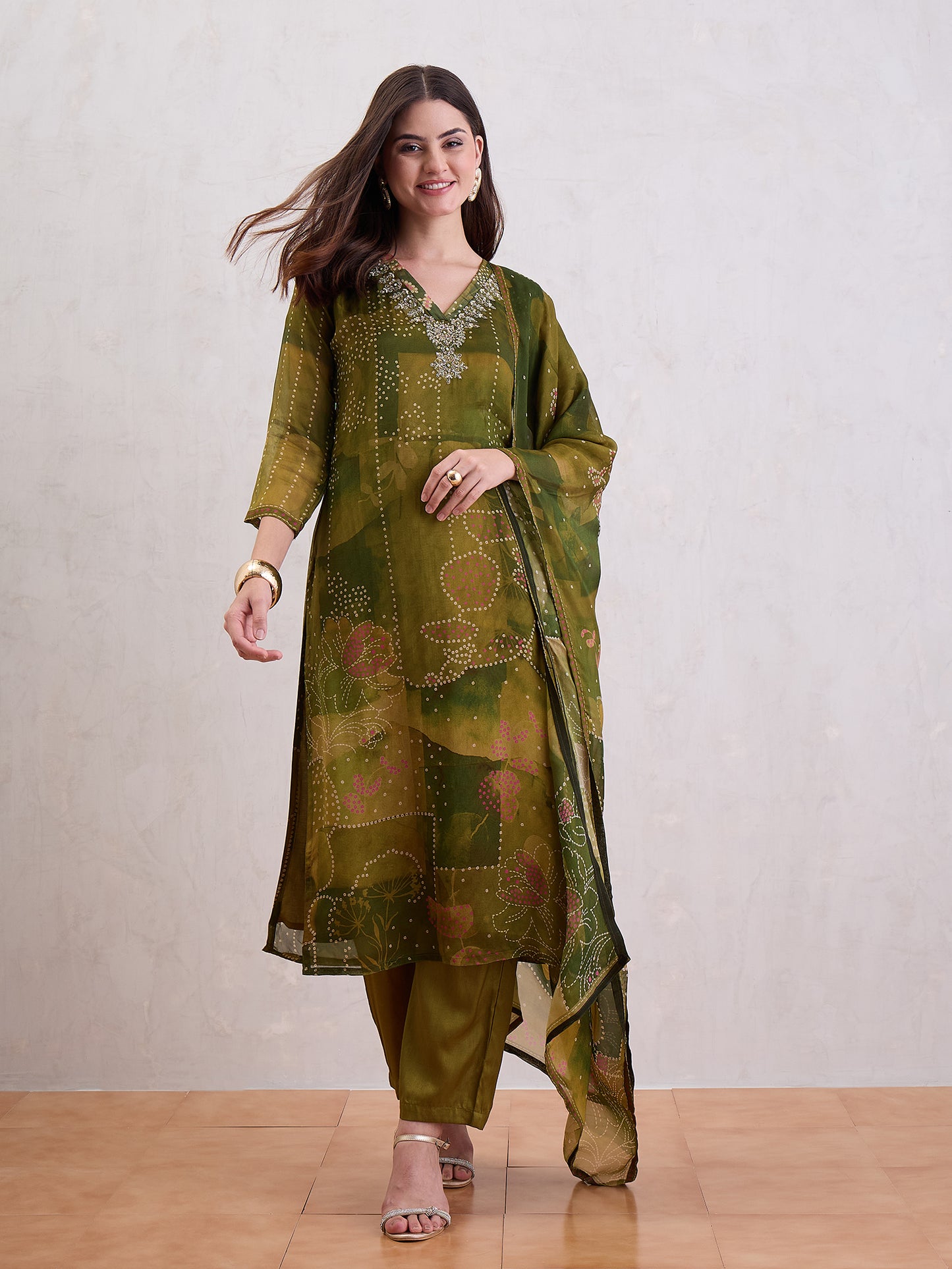 Floral Printed Sequinned Organza Straight Kurta With Trousers & Dupatta