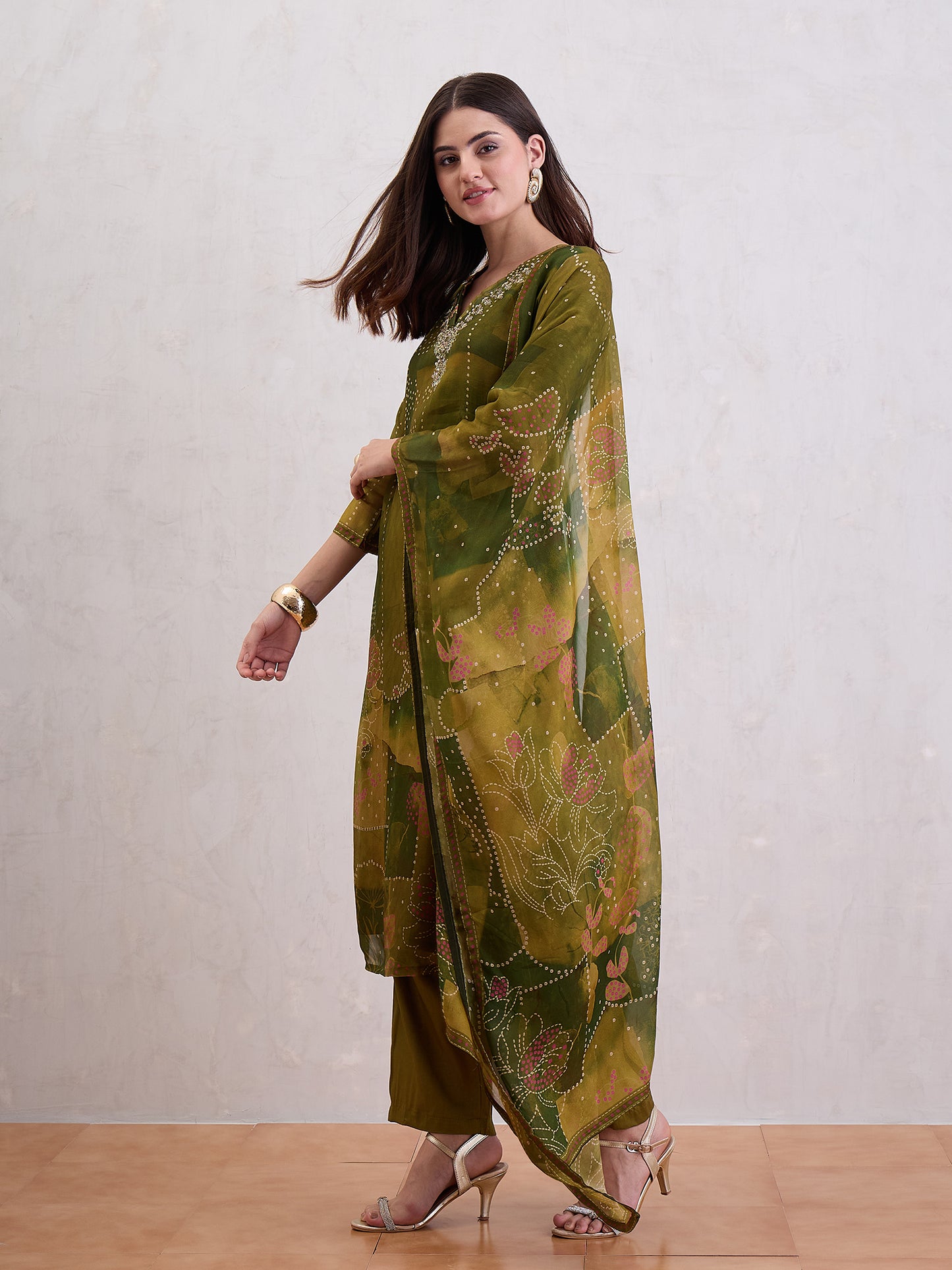 Floral Printed Sequinned Organza Straight Kurta With Trousers & Dupatta
