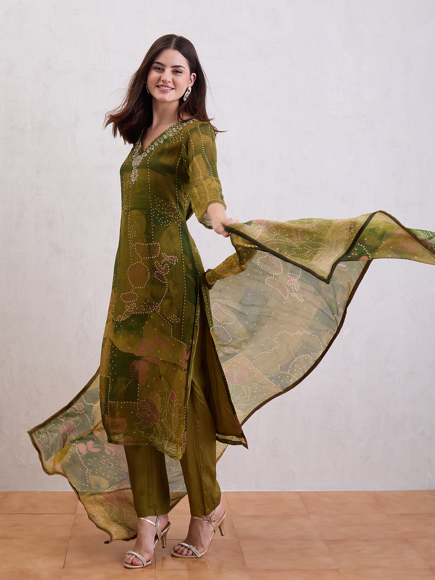 Floral Printed Sequinned Organza Straight Kurta With Trousers & Dupatta