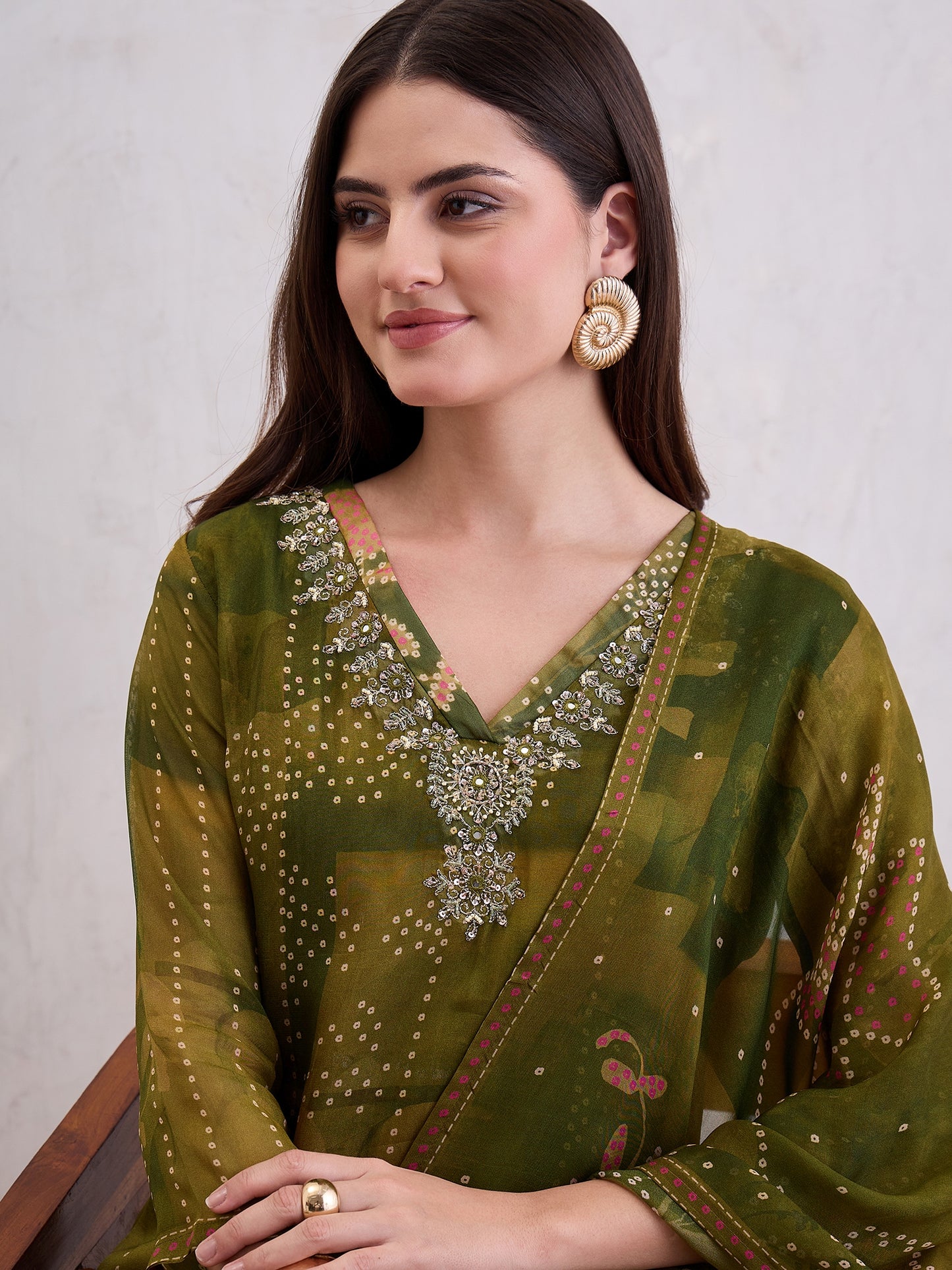 Floral Printed Sequinned Organza Straight Kurta With Trousers & Dupatta