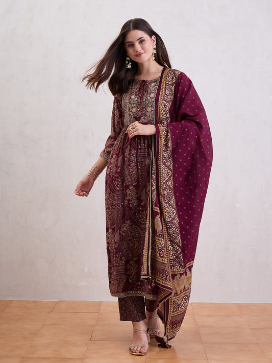 Women Floral Embroidered Kurti with Trousers & Dupatta