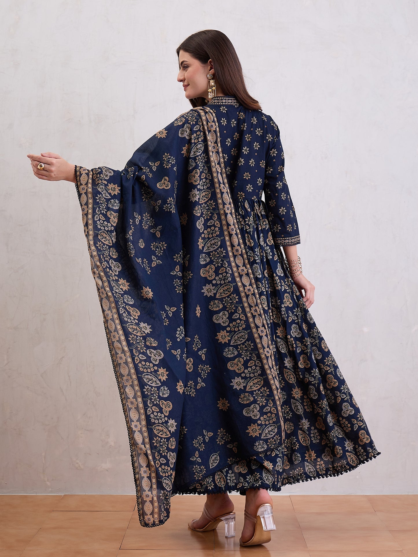 Ethnic Motifs Printed Pleated Mirror Work Pure Cotton Kurta With Sharara & Dupatta