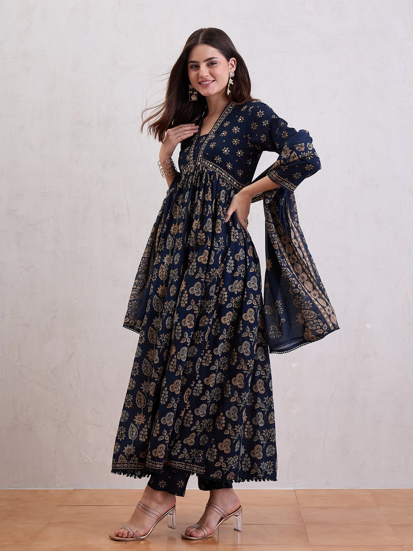 Ethnic Motifs Printed Pleated Mirror Work Pure Cotton Kurta With Sharara & Dupatta