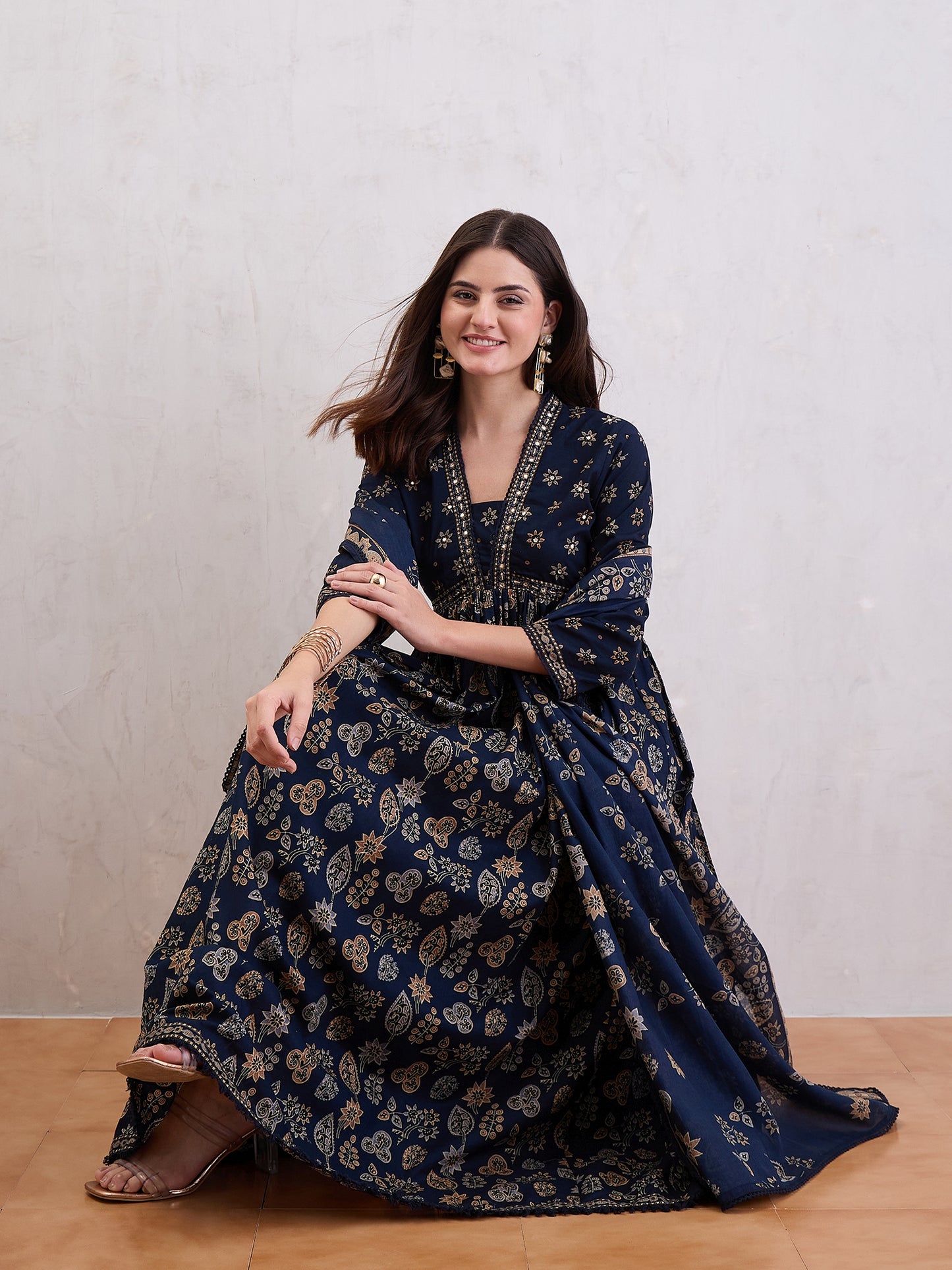 Ethnic Motifs Printed Pleated Mirror Work Pure Cotton Kurta With Sharara & Dupatta