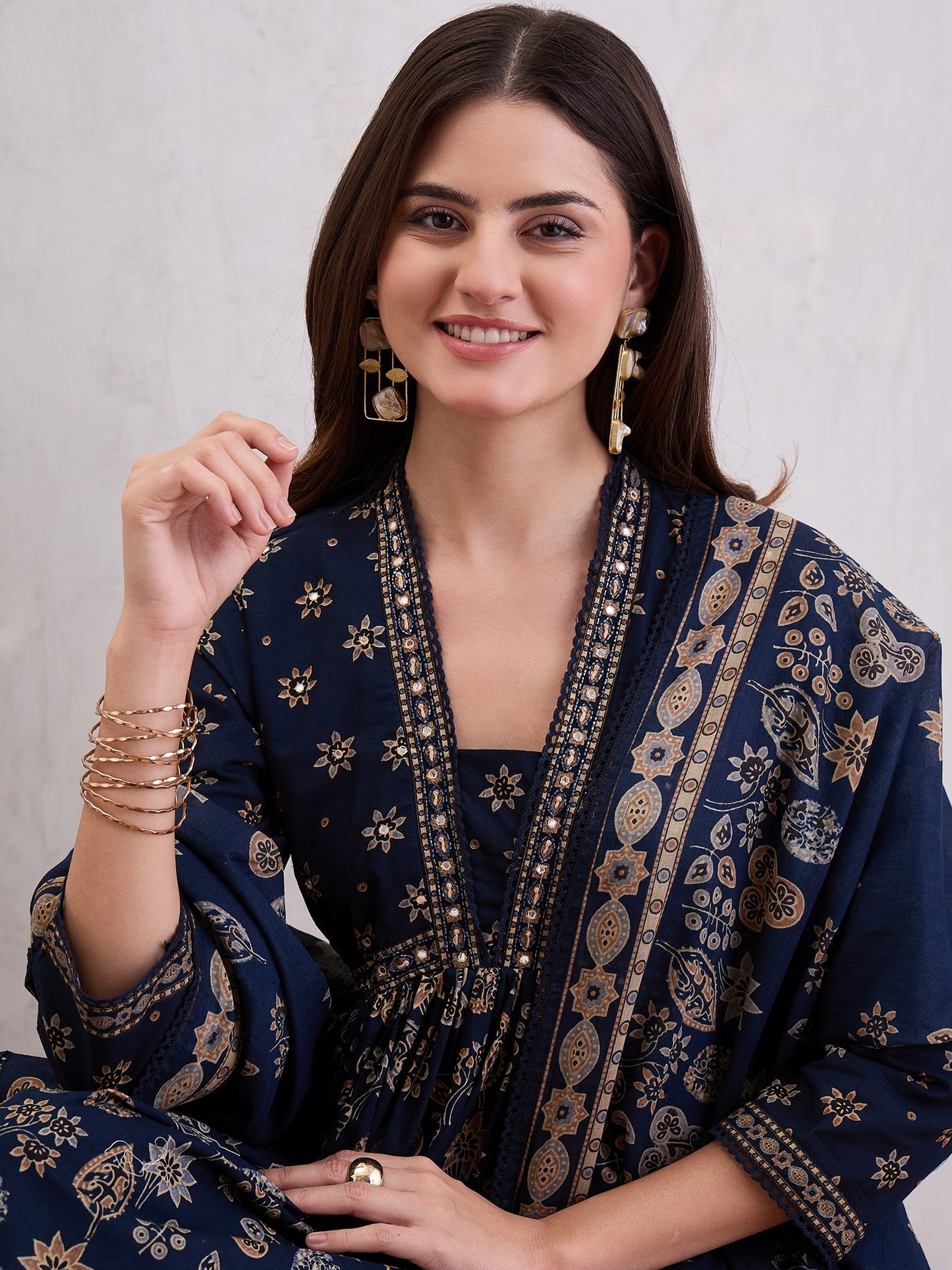 Ethnic Motifs Printed Pleated Mirror Work Pure Cotton Kurta With Sharara & Dupatta