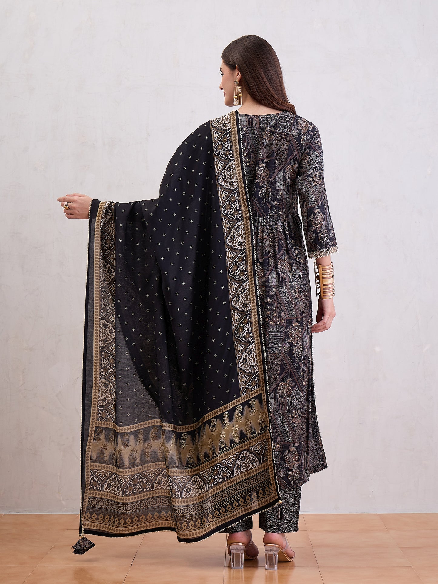 Floral Printed Mirror Work Chanderi Silk A-Line Kurta With Trousers & Dupatta
