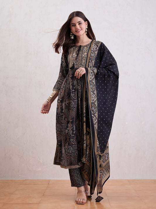 Floral Printed Mirror Work Chanderi Silk A-Line Kurta With Trousers & Dupatta