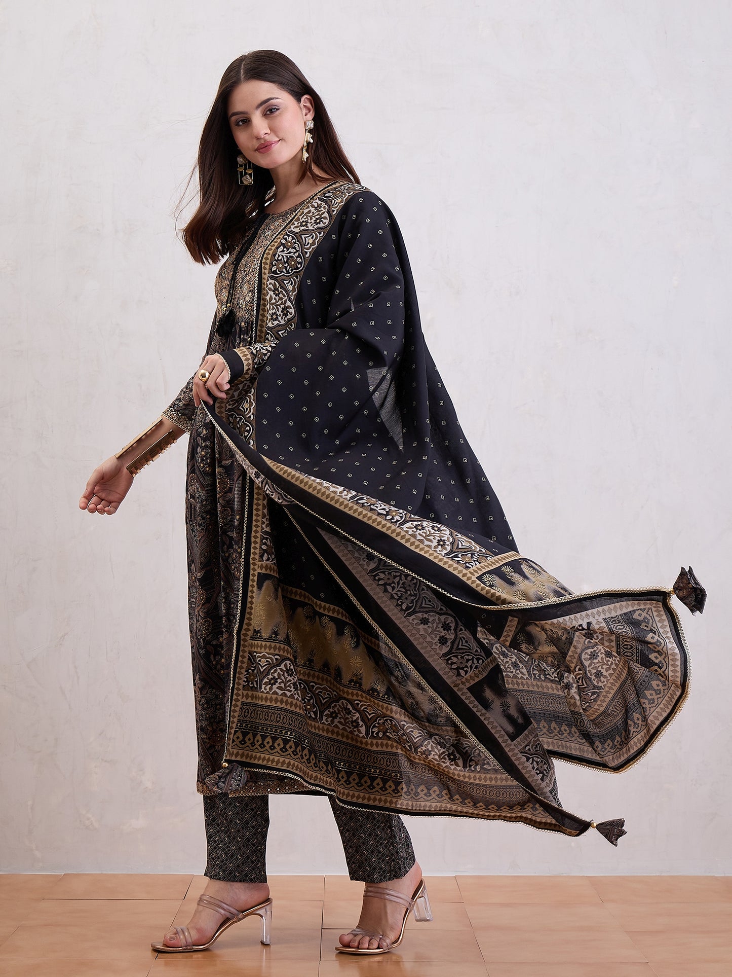 Floral Printed Mirror Work Chanderi Silk A-Line Kurta With Trousers & Dupatta