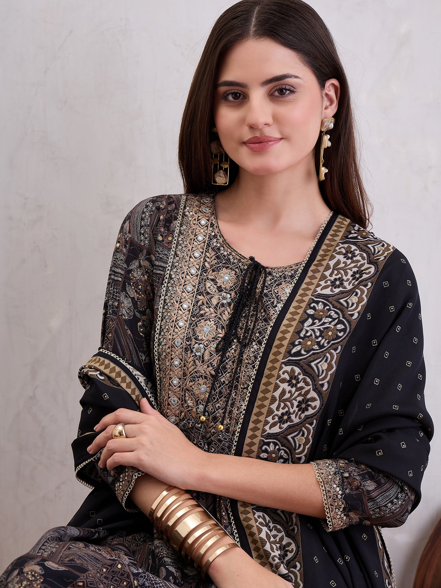 Floral Printed Mirror Work Chanderi Silk A-Line Kurta With Trousers & Dupatta