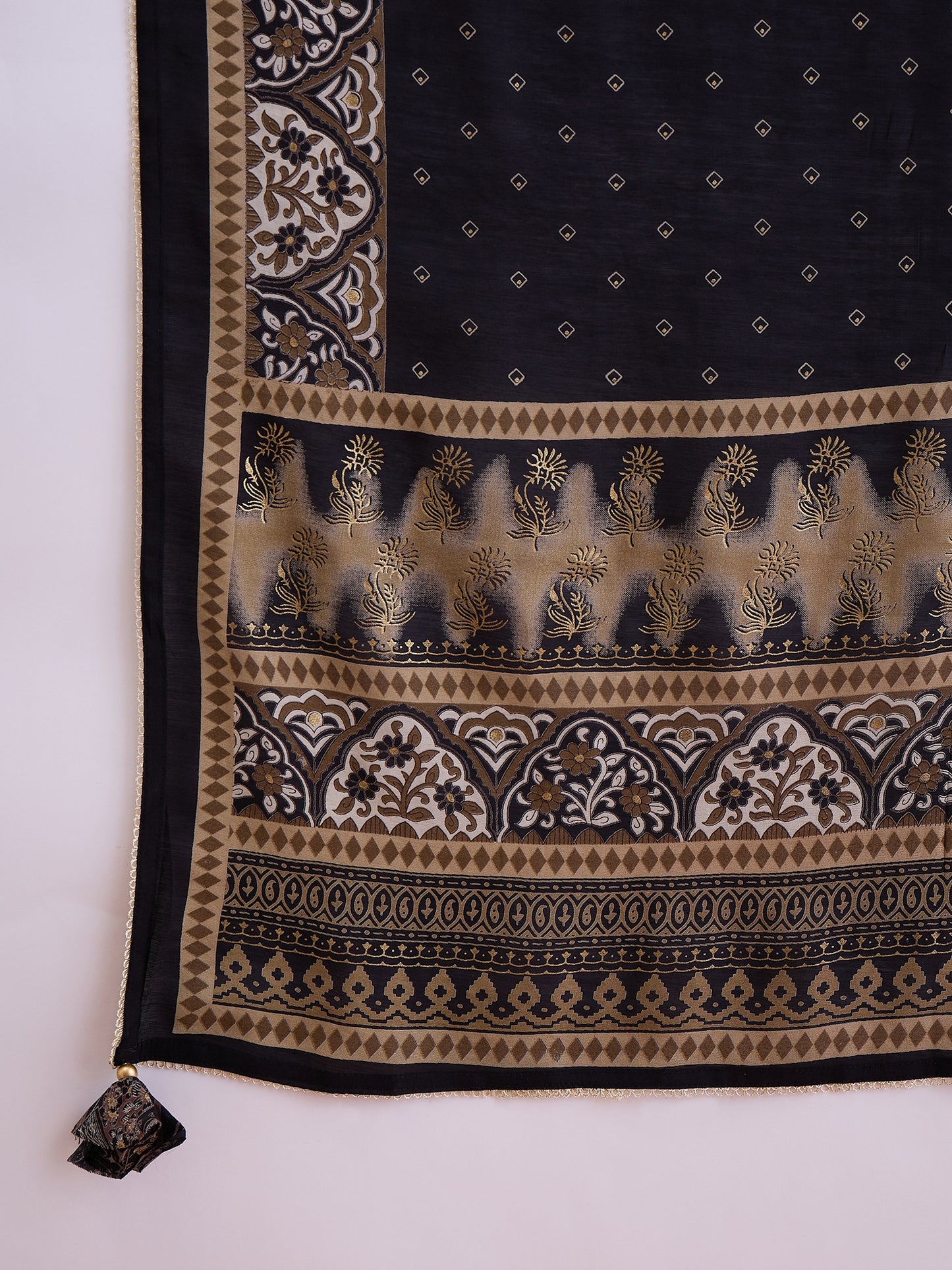 Floral Printed Mirror Work Chanderi Silk A-Line Kurta With Trousers & Dupatta