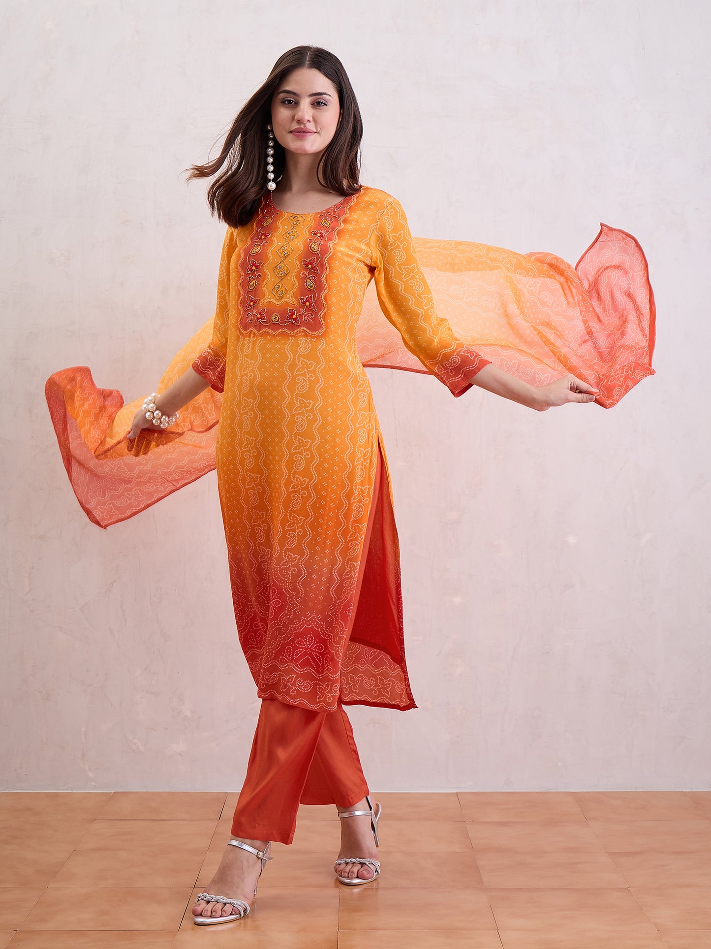 Bandhani Printed Beads and Stones Straight Kurta With Trousers & Dupatta
