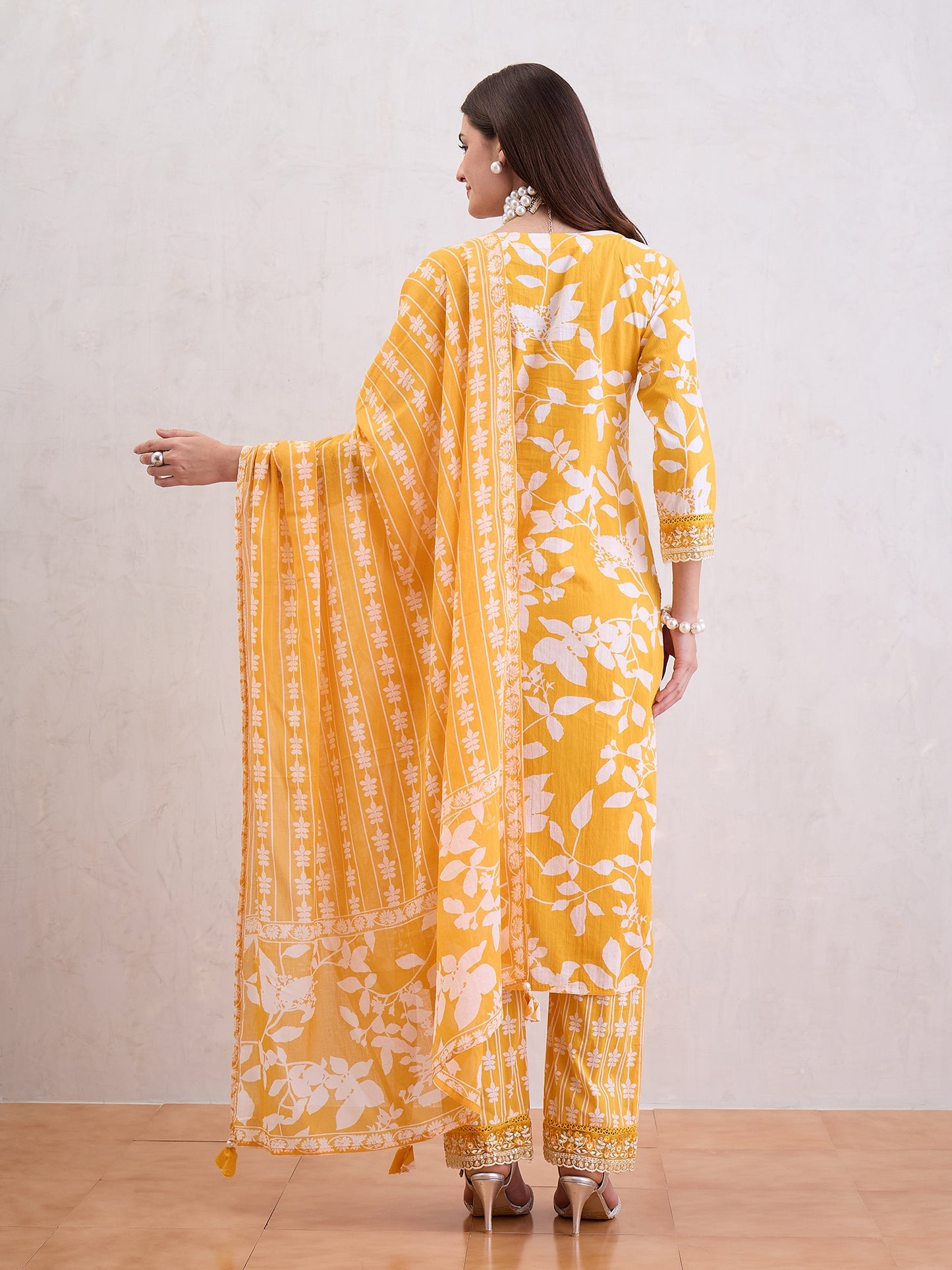 Floral Printed Thread Work Pure Cotton Straight Kurta With Trousers & Dupatta