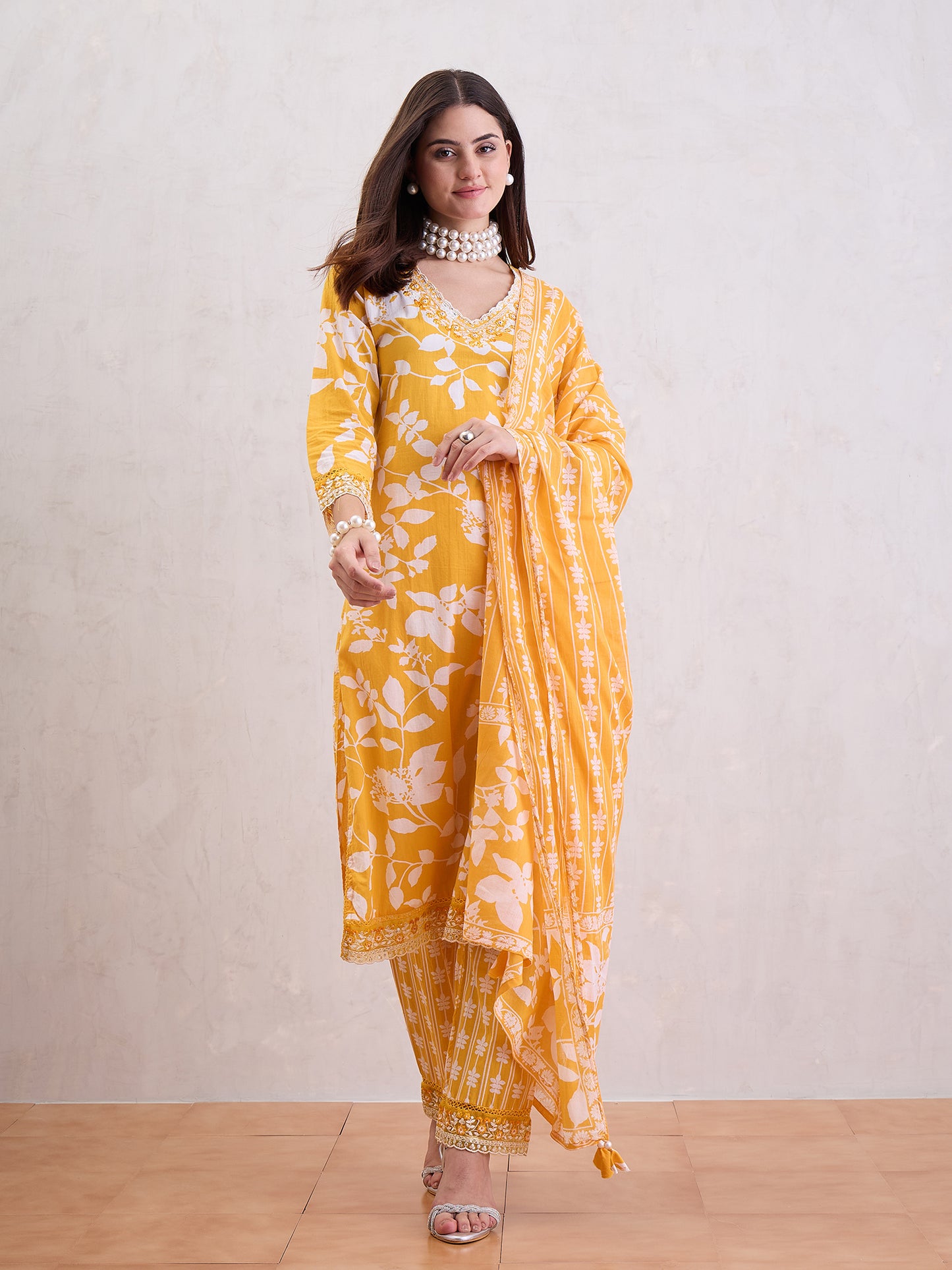 Floral Printed Thread Work Pure Cotton Straight Kurta With Trousers & Dupatta