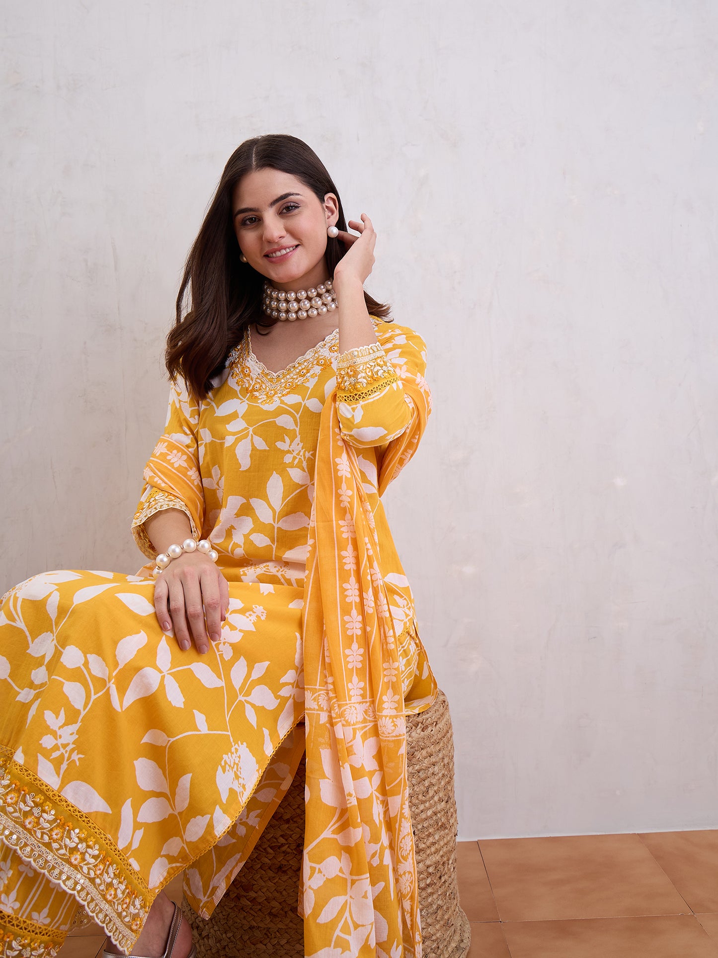 Floral Printed Thread Work Pure Cotton Straight Kurta With Trousers & Dupatta